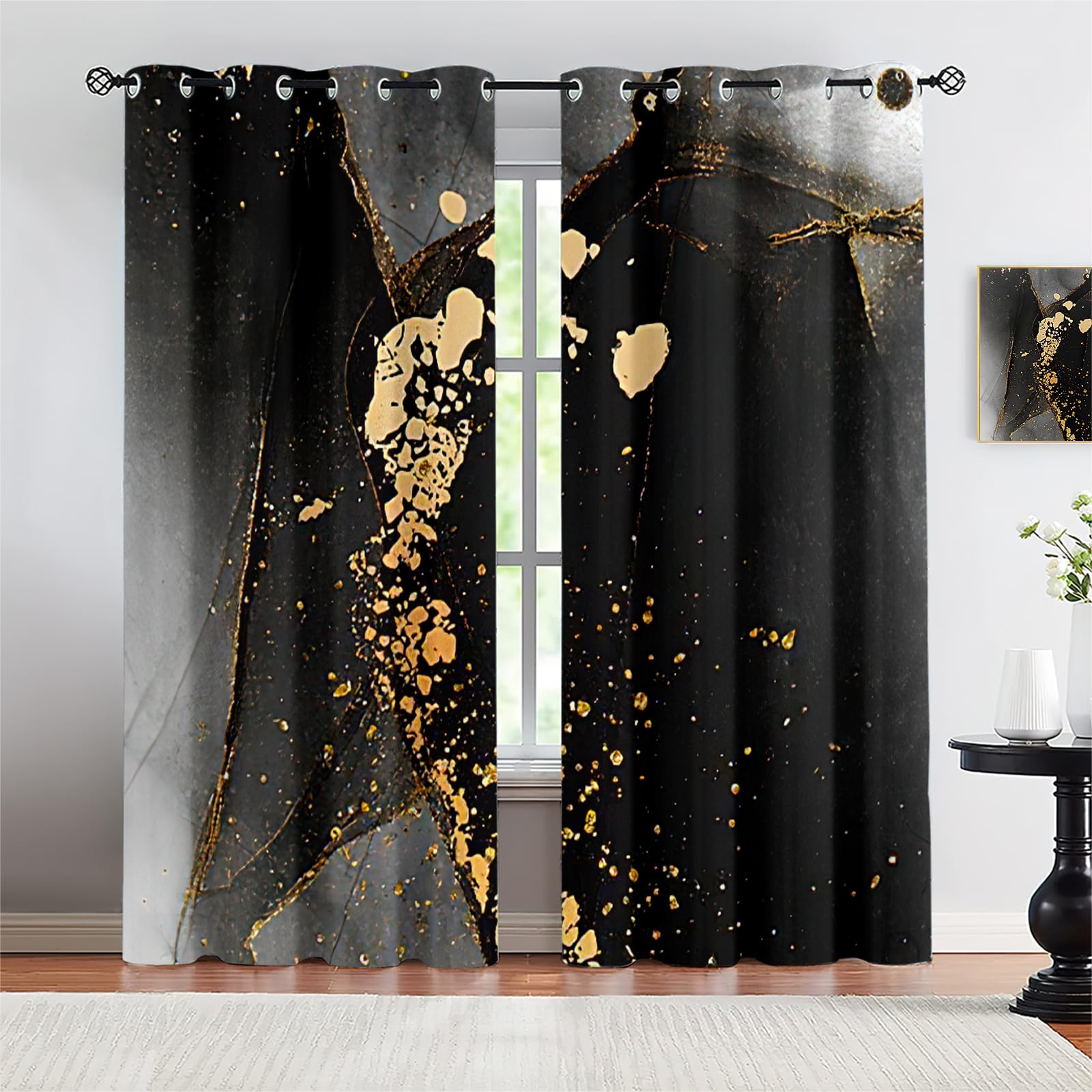 Verdunkelungsvorhänge 3D Schwarzgold Retro Luxus Vergoldete Textur Ösen Vorhang 2Er Set 234X230Cm Verdunkelungsvorhang Blickdicht Fenstergardinen Kinderzimmer Schlafzimmer Wohnzimmer Thermovorhang