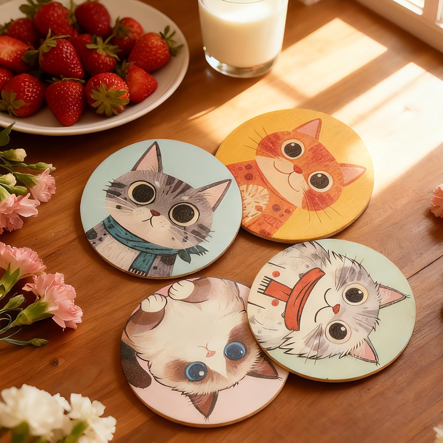 Coasters Set of 4, Wood Coasters for Drinks - Handcrafted Cat Design Thick Heat-Resistant for Beer, Coffee, Office, Bar, Farmhouse Home Decor, Tabletop Protection, for All Cups - Image 5