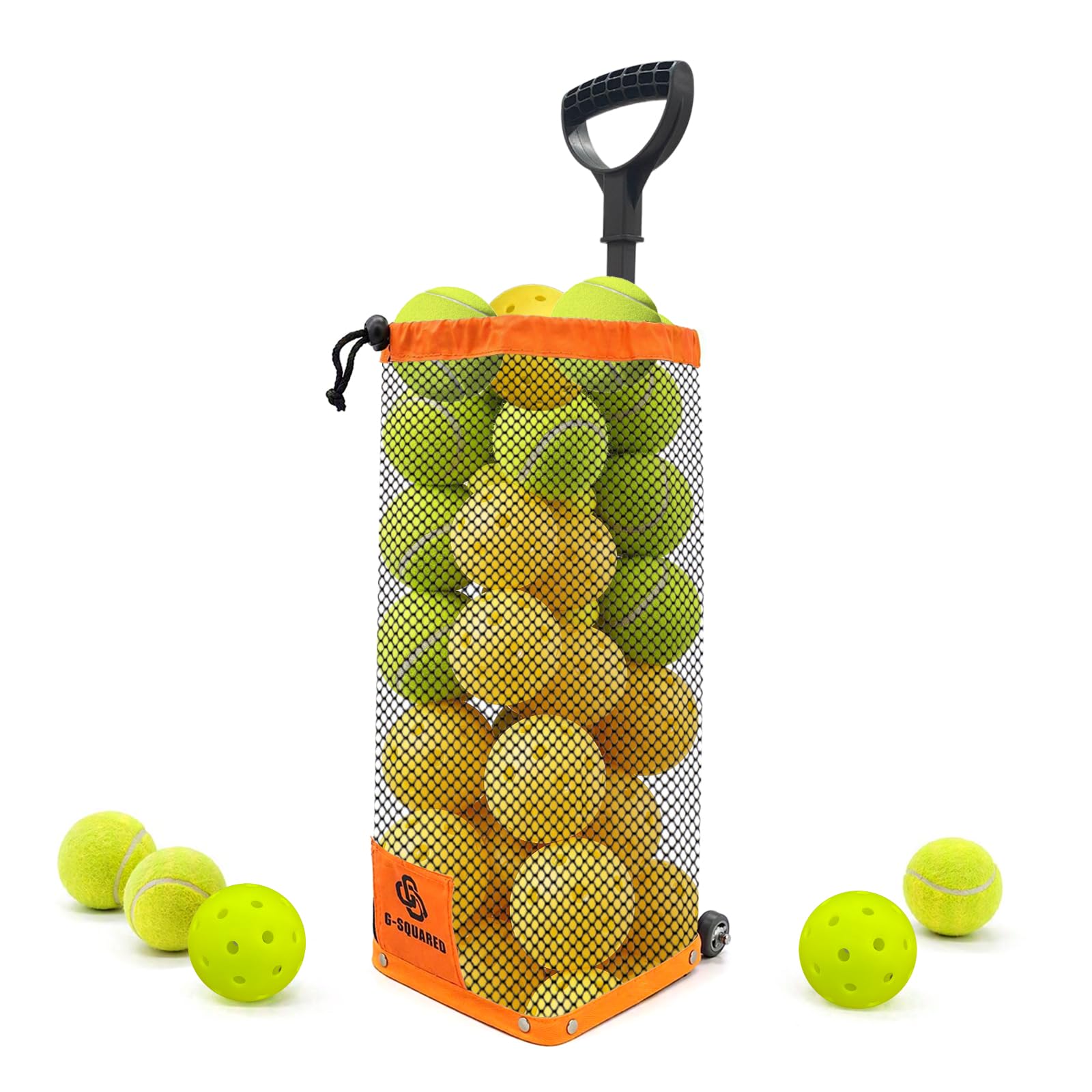 G-SQAURED Rolling Tennis Ball Hopper and Picker Basket with Wheels – Holds 50+ Tennis Balls or 40+ Pickleballs | Portable Adjustable Ball Picker for Hard Court, Clay, Grass (Orange)