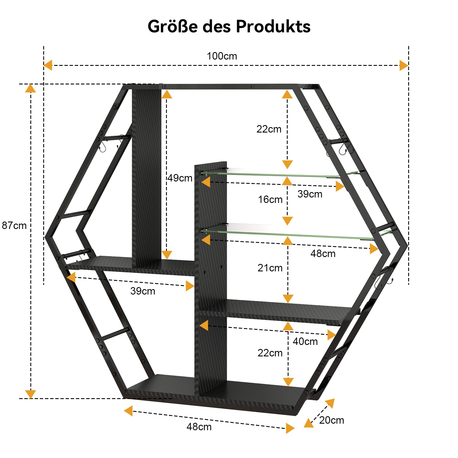 YU YUSING Schwebende Regale mit RGB 7 Farben, Wandregal Gaming Display-Regale mit 8 Haken, Wandvitrine mit 2 Glasböden, Hängevitrine für Schlafzimmer Spielzimmer-Dekoration, Hexagon Carbonfaser-Finish