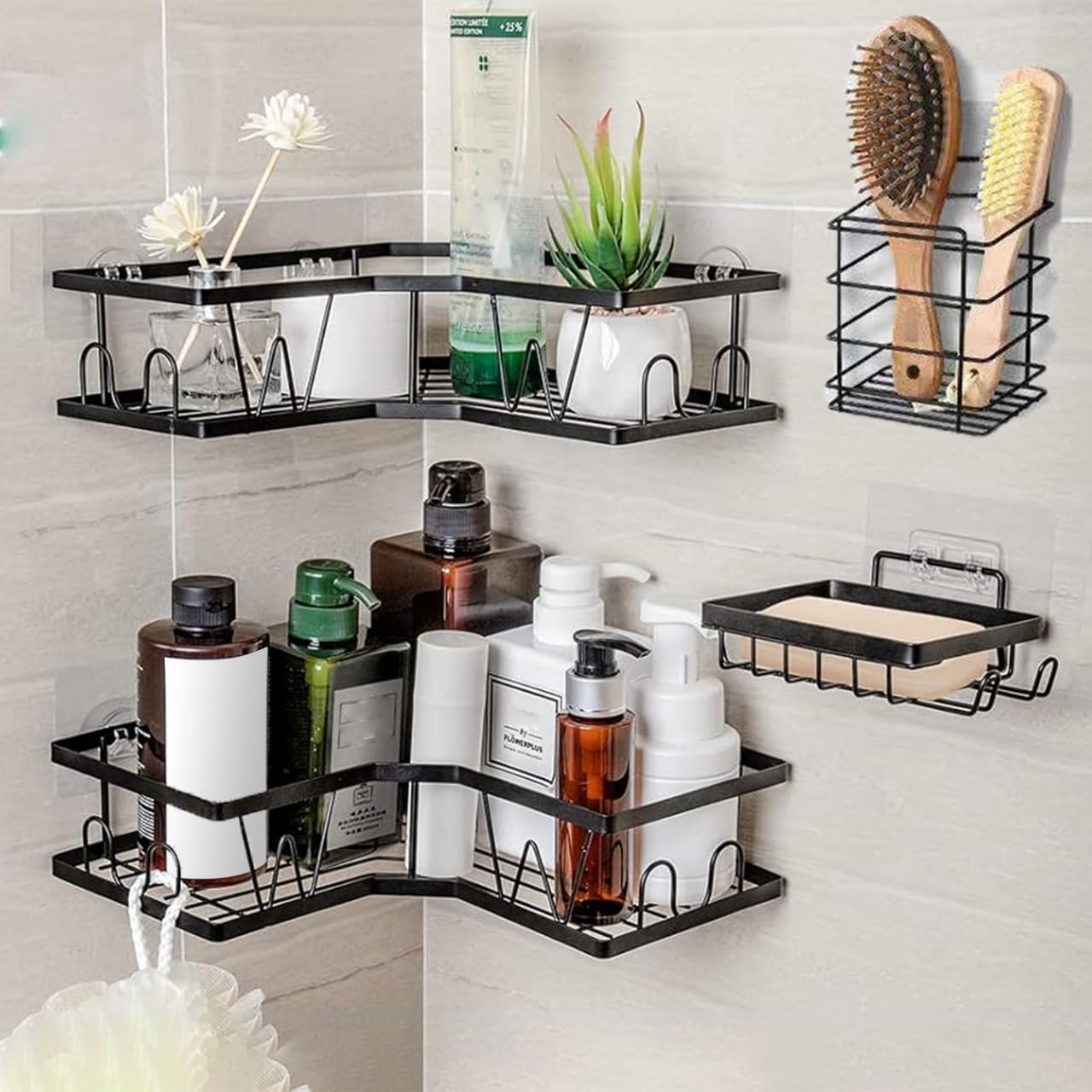 Corner Shower Caddy 4-Pack with 12 Hooks Heavy-Duty Adhesive Bathroom & Kitchen Organizer No Drilling, Rustproof Carbon Steel | Large Capacity, Space-Saving Shower Rack & bathroom Shelf