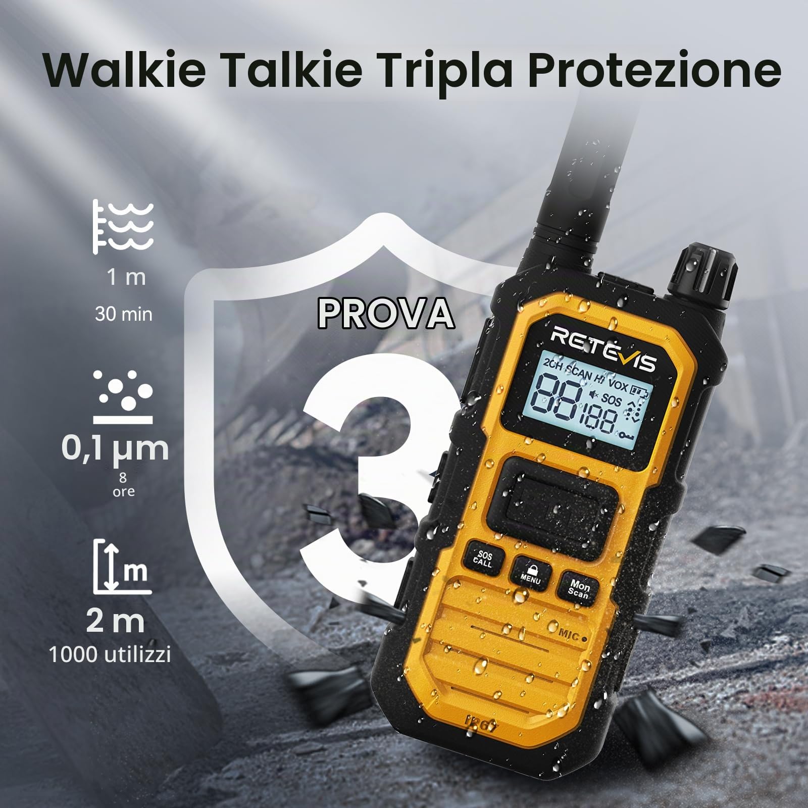 Retevis RB648Plus Walkie-Talkie, IP67 Impermeabile Radio Bidirezionale | VOX, Chiamata di Gruppo, 2000mAh, Walkie Talkie a Lunga Distanza con Caricatore a 6 Vie per Cantiere(6 Pz, Giallo)