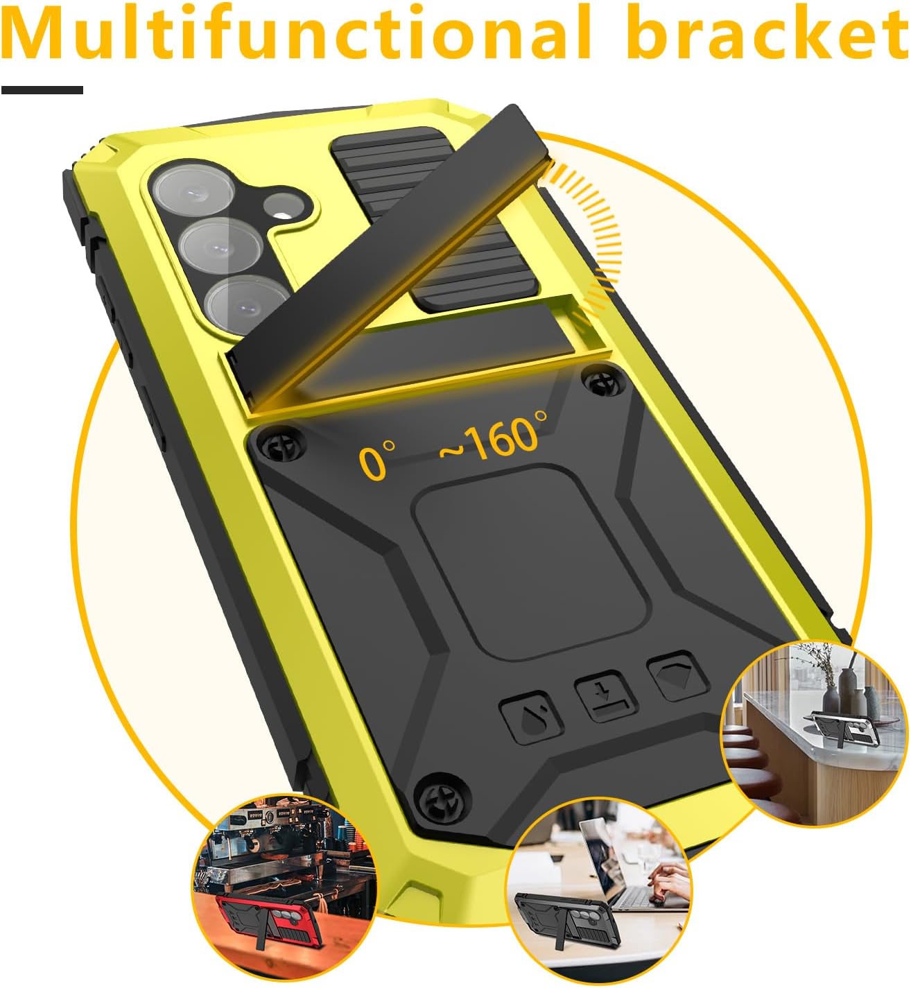 Simicoo for Samsung Galaxy S25 FE Metal Military Heavy Duty Case, Metallic Bumper Shockproof Dustproof Rugged Tough with Stand Screen Protector Camera Control Full Body Drop Protective Cover Yellow