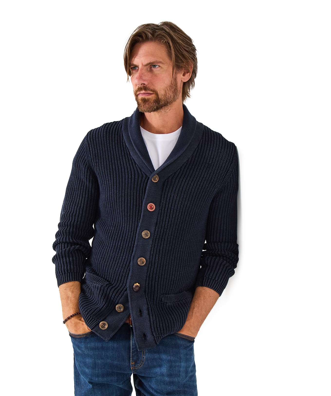 Joe Browns Men's Aztec Trim & Washed Look Shawl Neck Cardigan Sweater, Navy, XXL