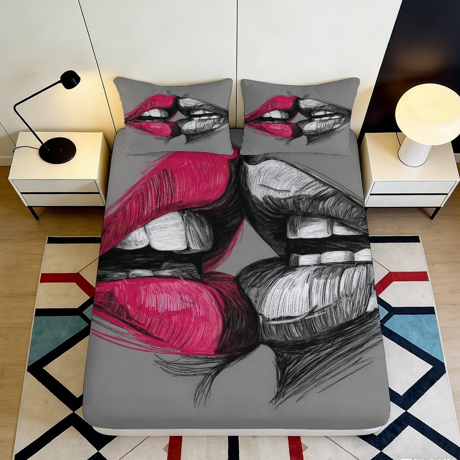Tjiqhvmrn Style-10 3D Printed Trendy Lips Fitted Sheet Microfiber Deep Pocket Non-Slip Bedroom Trendy Lips Mattress Fitted Cover Full Wrap For Adults Teens 90X200x25cm