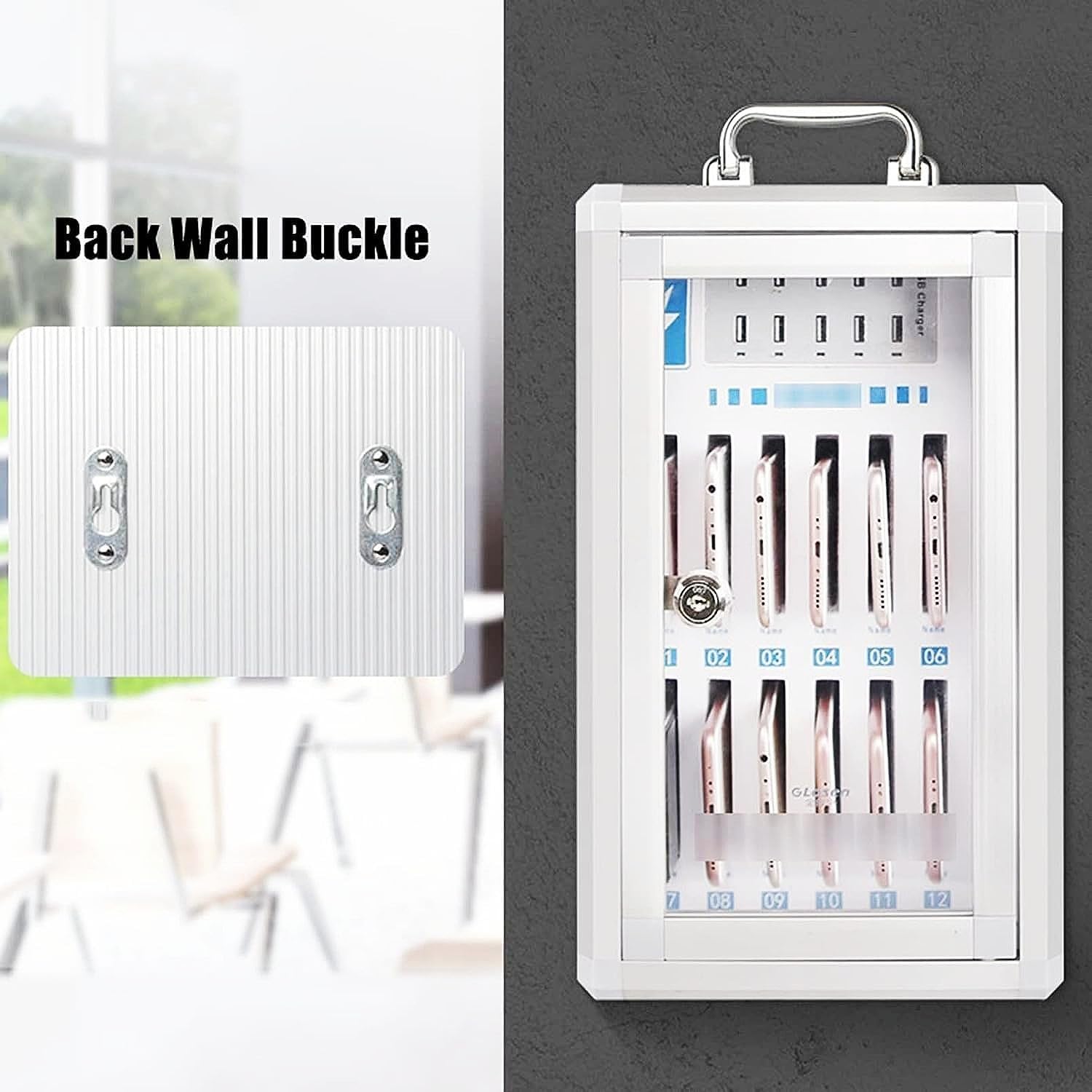 Armadietto di Ricarica per cellulari con 60 Scomparti, Organizer per cellulari, Stazione di Ricarica Portatile con Ruote, Contenitore per cellulari Ricaricabile Tramite USB.