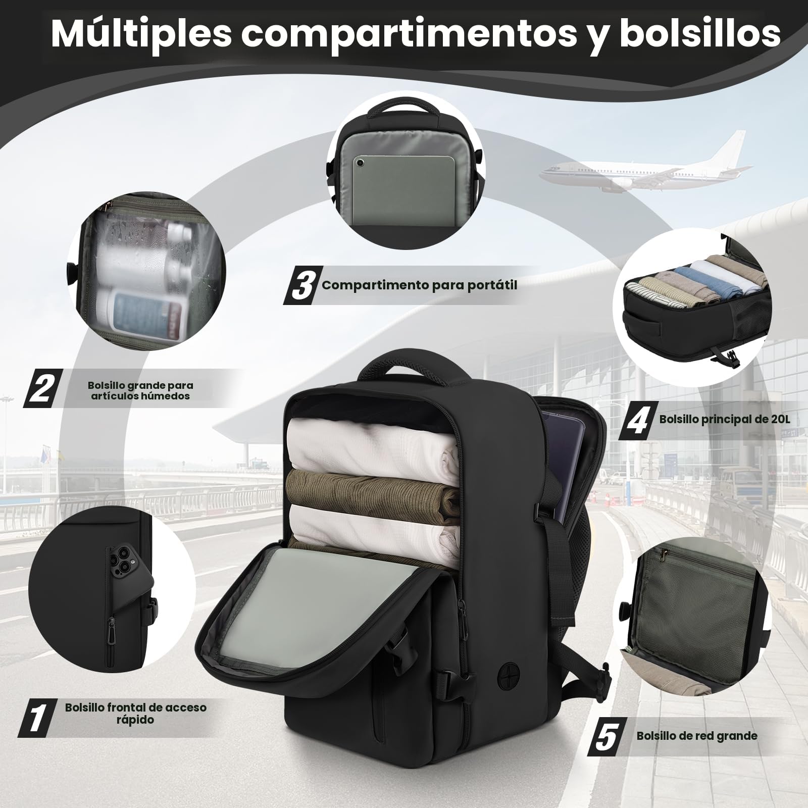 OTAHGK Mochila de Viaje Cabina Avion 40 x 20 x 25 para Ryanair Equipaje de Mano Maletas de Cabina Bolsa de Viaje Hombre Mujer mochila informal para computadora portátil -Negro