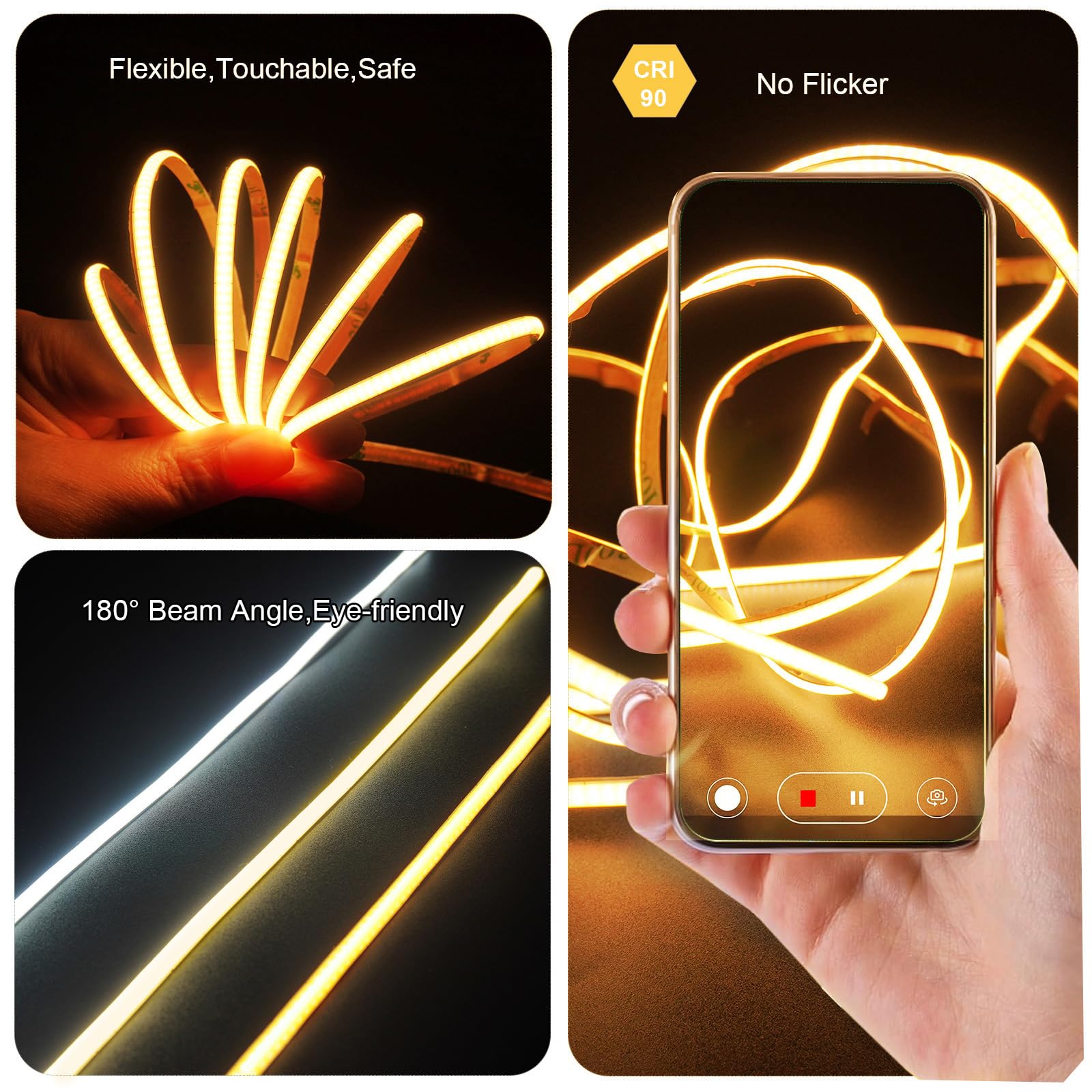 Fosingut 5V USB COB LED Strip Light 3m,3000K Warm White LED TV Backlight,480LED/m CRI90+ Flexible Under Cabinet Kitchen Light,4mm COB Tape Lights for Mirror,Wardrobe,Car,Bedroom,Home DIY Lighting - Image 3