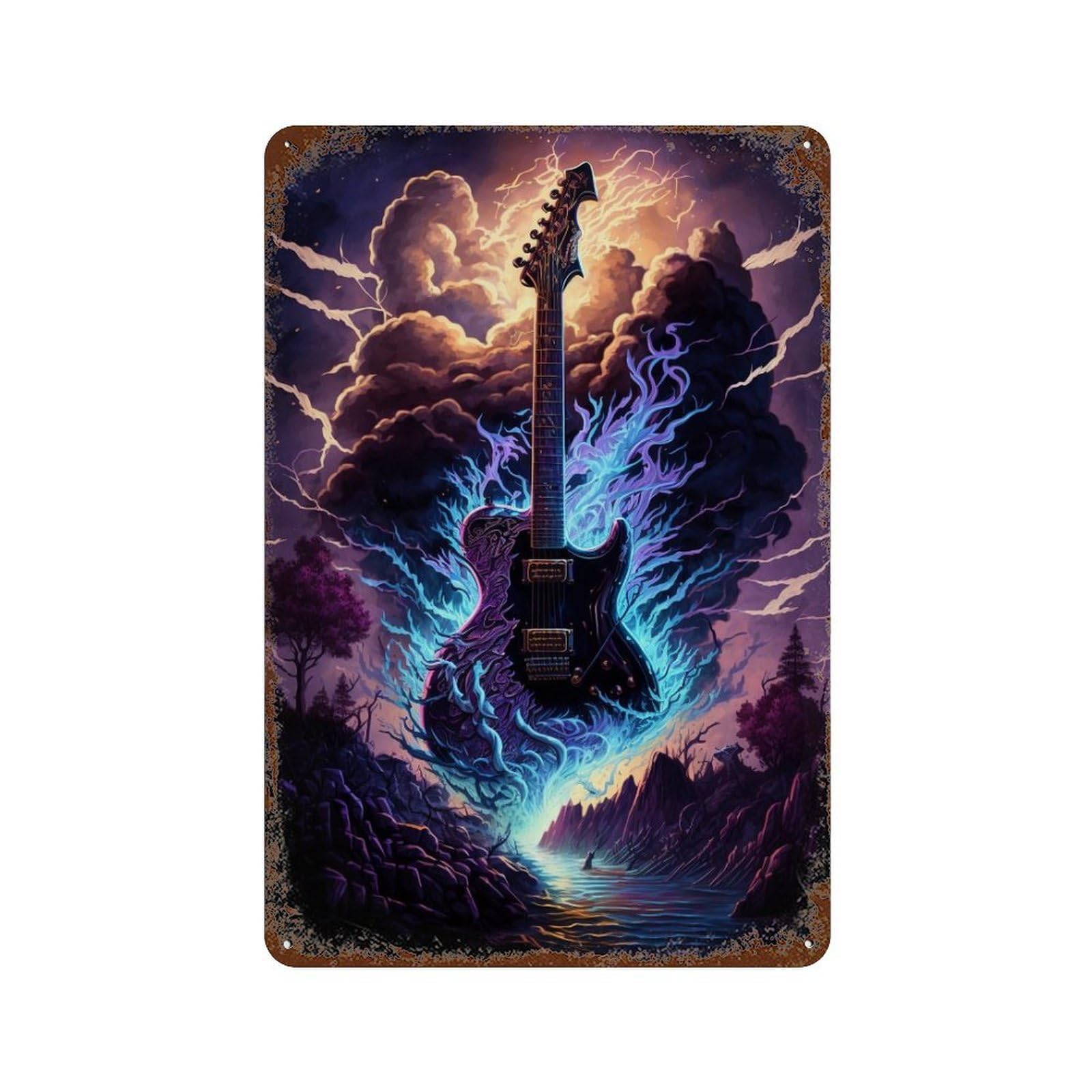Distressed Metal Wall Sign with Electric Guitar with Wings Design 11.8"x7.9", for Shed, Workshop And Garage Wall Decor, Decorative Metal Wall Art