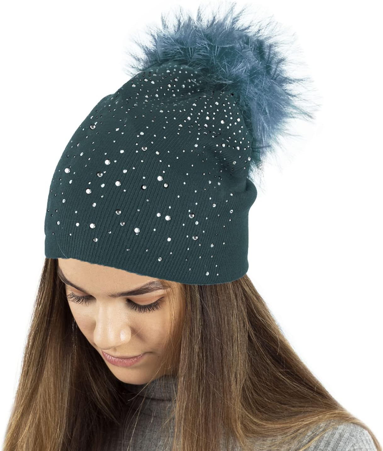 TOSKATOKLadies Fine Knit Winter Beanie hat with Diamante Glitter Applique and Large Faux Fur Pompom