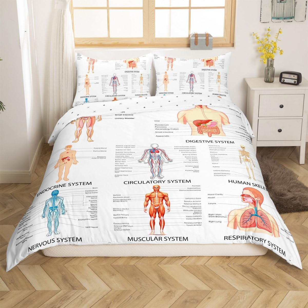 Erosebridal Human Anatomy Bedding Set Structure Cell Life Illustration Quilt Cover Body Organ Print Comforter Cover Cozy Bed Accessories for Adult Men 1 Duvet Cover with 2 Pillow Cases Full Size