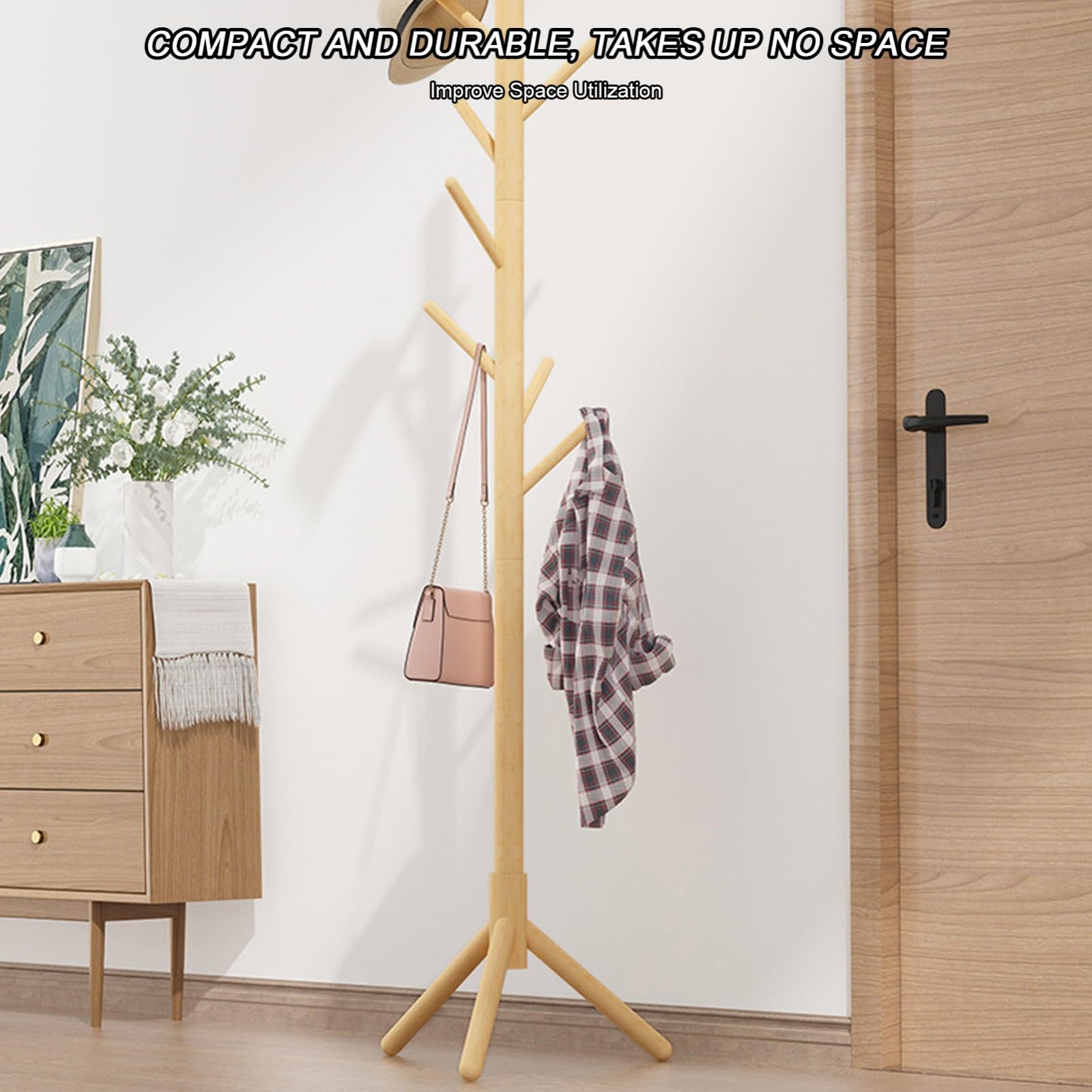 Perchero, Perchero de Madera con Forma de Árbol para Abrigos, Perchero con 8 Ganchos Redondeados para Ropa, Sombreros, Bolsos en la Sala de estar A,44 * 172CM