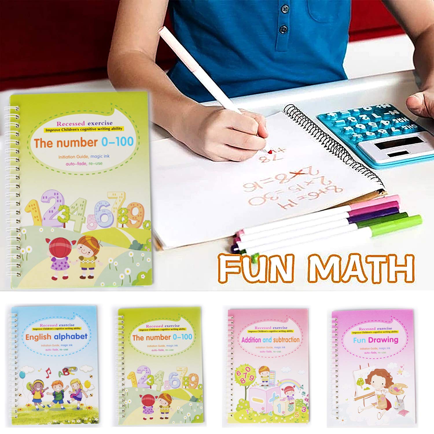 SIWUCHYE Magic Practice Copybook for Kids,4Pcs Handwriting English Study Workbook,Reusable Children's Calligraphy Letter Tracing Mathematical Drawing Set,Calligraphy Paper to Teach Kids How to Writing 4