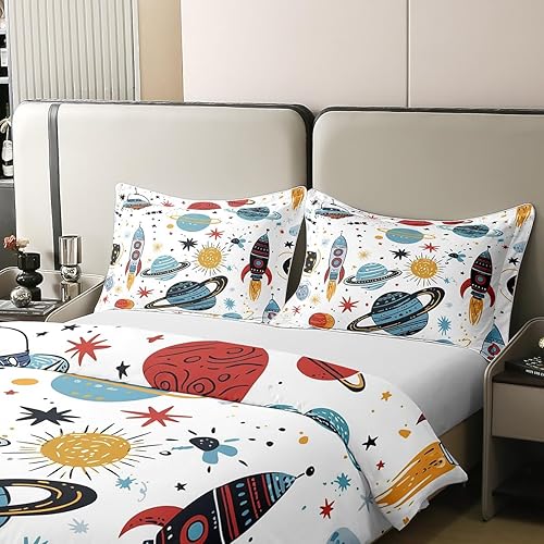 Miniatura 4 de Erosebridal Juego de funda de edredón 100% algodón orgánico para niños y niños, diseño de cohete con naves espaciales, cohete, caricatura, universo,