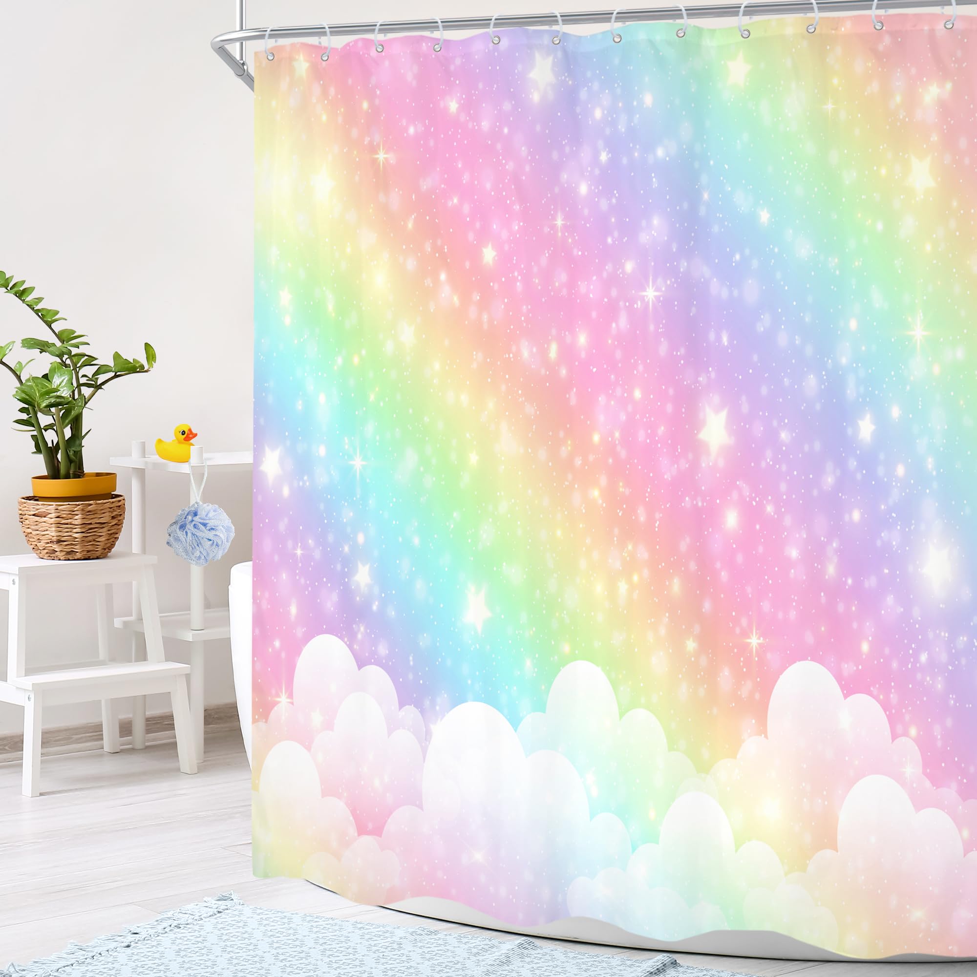 Cortina de ducha infantil arcoíris de 60 pulgadas de ancho x 72 pulgadas de alto, diseño de dibujos animados pastel con nubes y estrellas, juego de cortinas de baño estéticas, de tela,