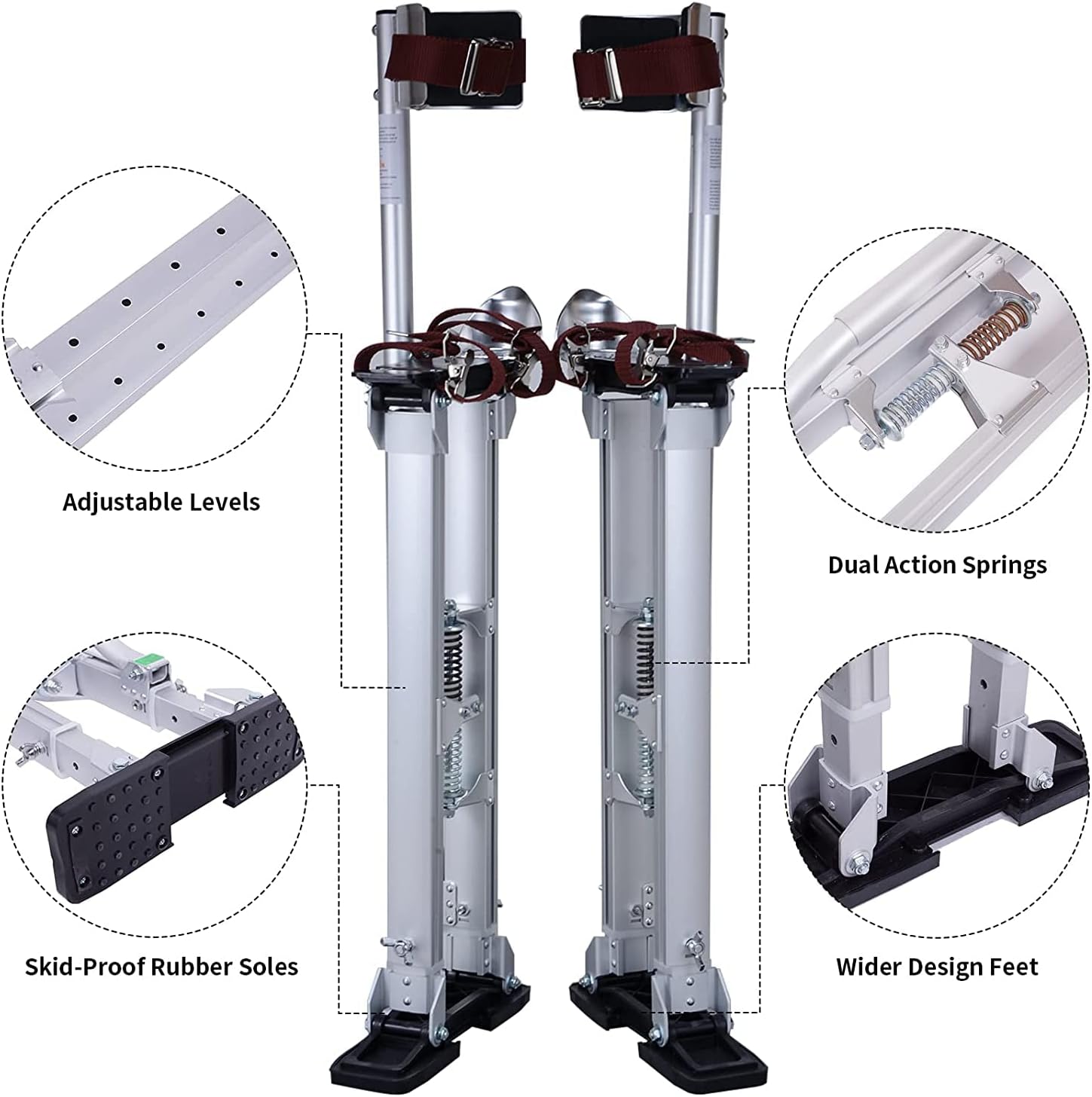 Adjustable 24" - 40" Aluminum Drywall Stilts 225Lbs Load Capacity 3-Position Heel Bracket Dual Action Springs for Taping or Cleaning Silver US Delivery (Silver 24" - 40")