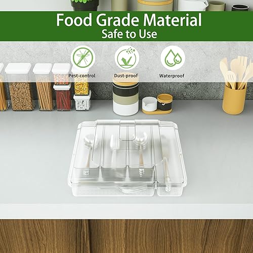 Miniatura 2 de Bandeja de cubiertos QINOL con tapa, organizador de cajones para utensilios para mostrador de cocina, organizadores de cubiertos de plástico y