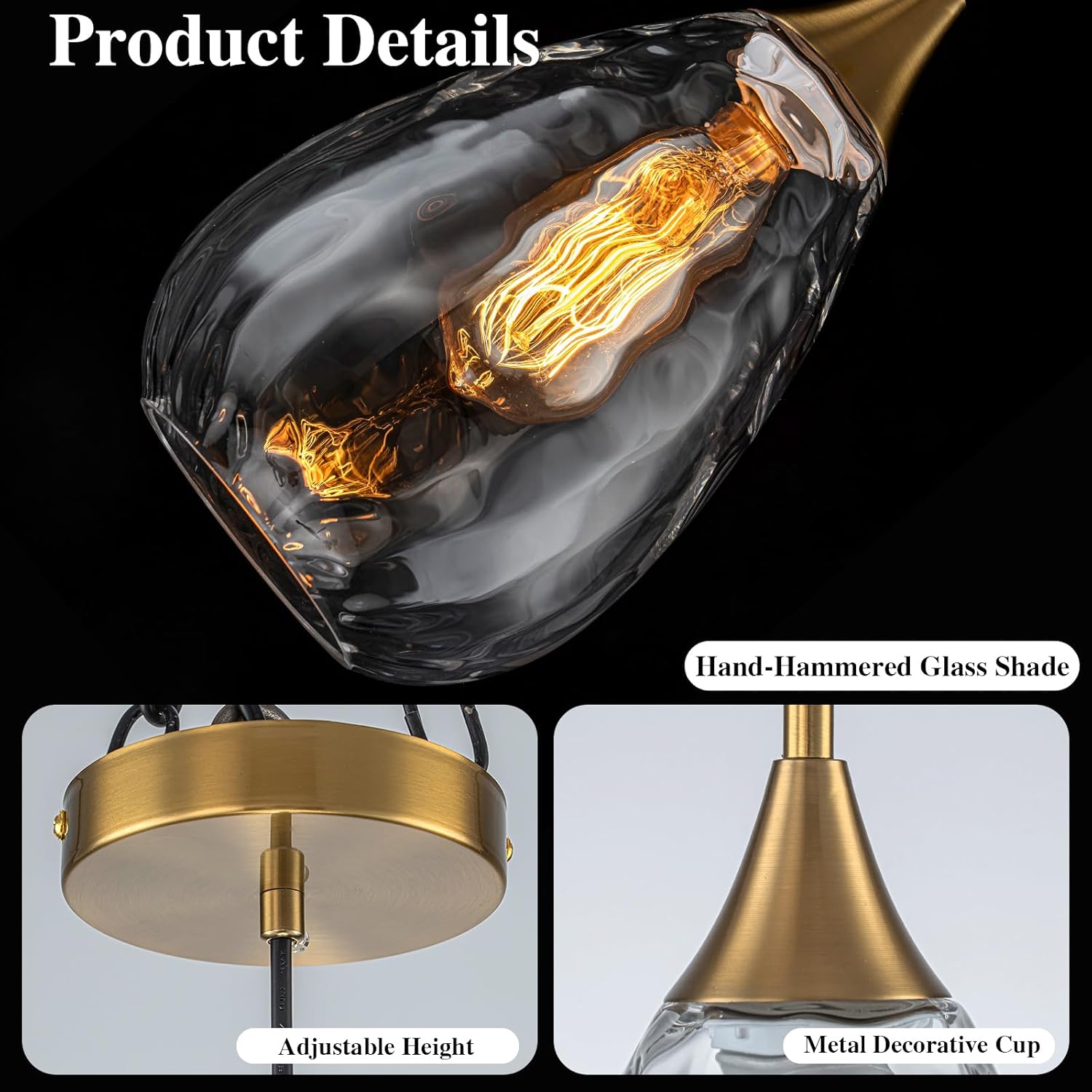6.3" Gold Glass Pendant Lights,with Clear Water Ripple Glass Shade,Adjustable Height,Perfect for Kitchen Islands,Over Sinks,Dining Rooms,Bars (1-Light)