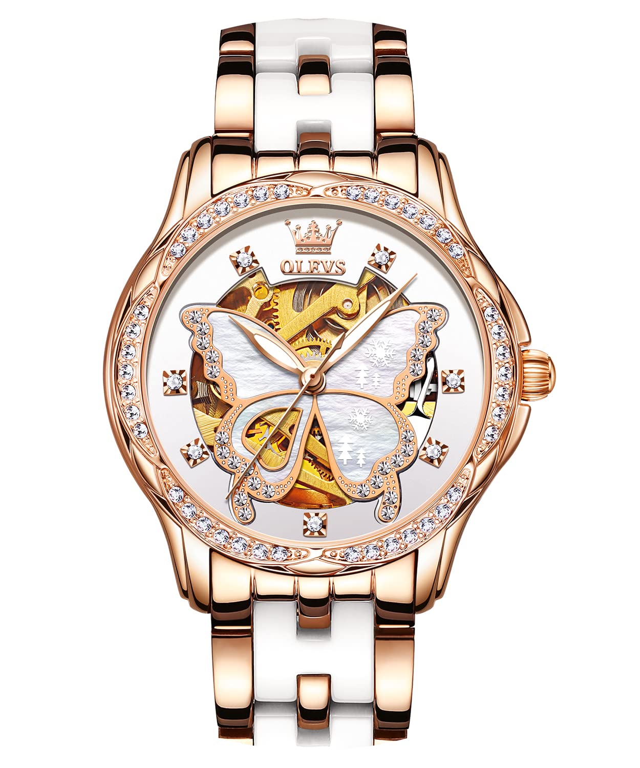 OLEVS Automatic Watches for Women Rose Gold Skeleton Mechanical Self Winding Ladies Luxury Elegant Dress Butterfly Diamond White Ceramic Band Watch Two Tone