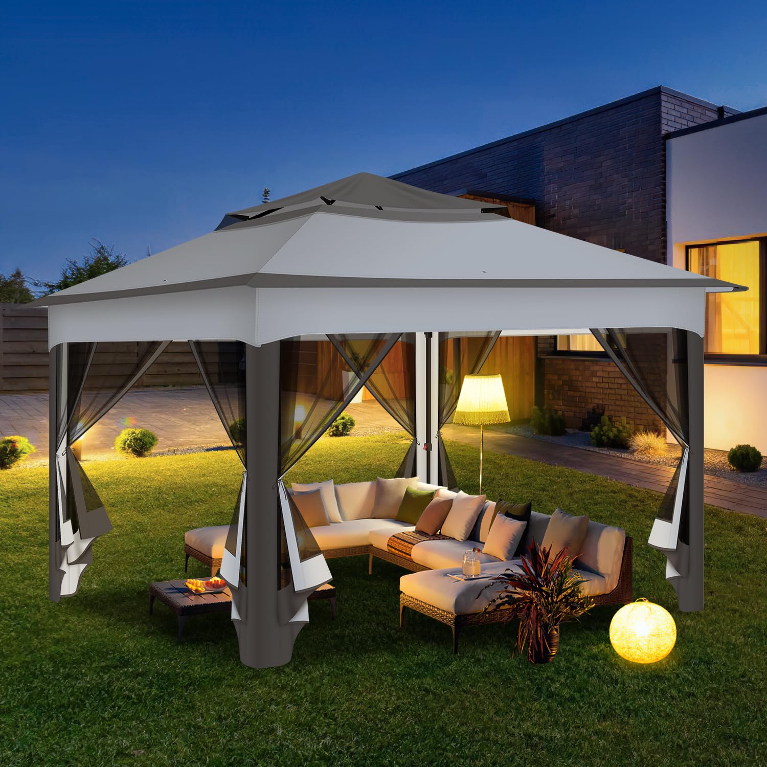 Pavillon 3x3m Étanche Stable, Double Toit Pavillon de Jardin, avec Moustiquaire Cadre Métallique, Bâche Tente de Fête Gazebo pour 2-4 Personnes (Gris)