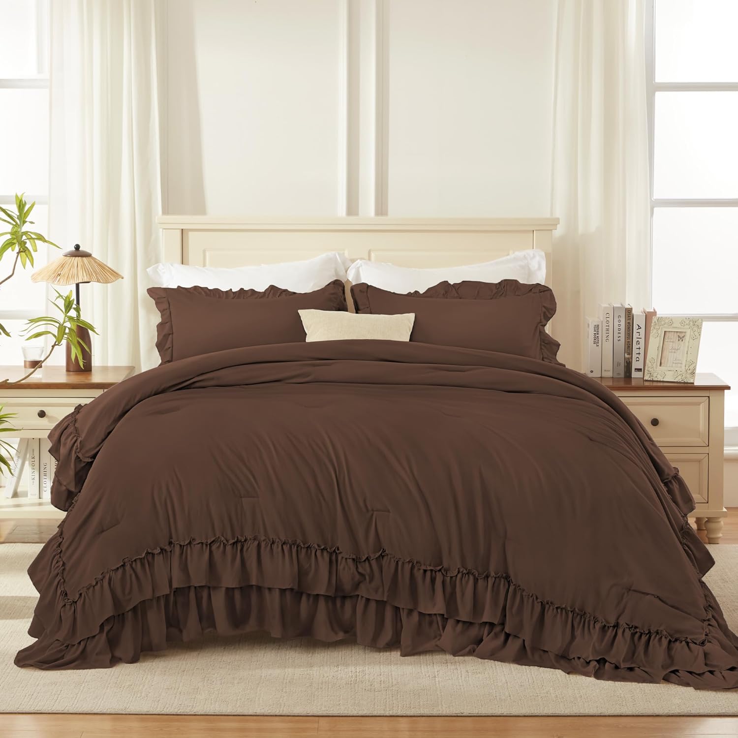 Andency Brown King Comforter Set (104x90Inch), 3 Pieces Ruffle Comforter Set with 2 Pillowcases, Farmhouse Shabby Chic Lightweight Fluffy Soft All Season Bed Set - Image 5