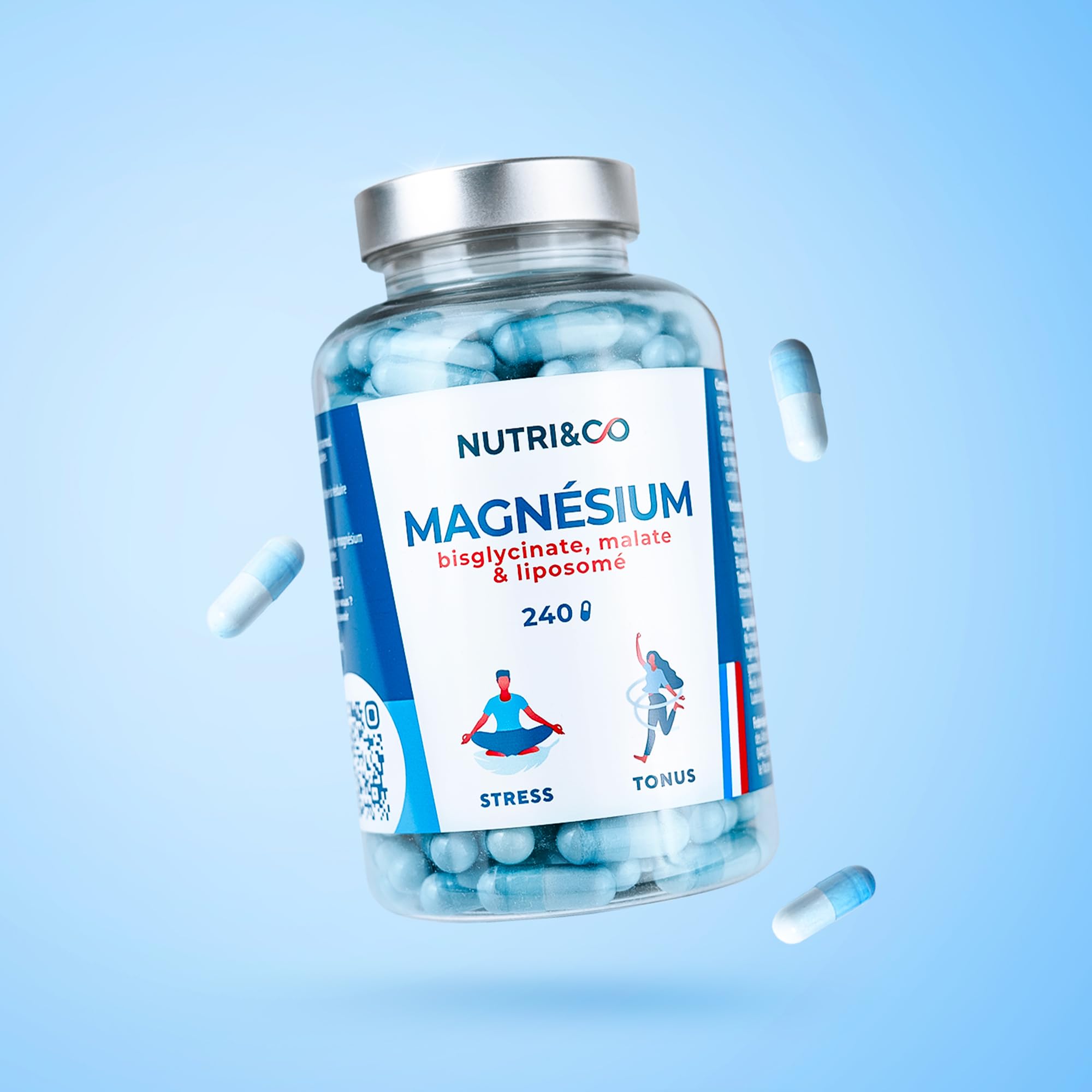 NUTRI&CO Magnésium Bisglycinate Malate & Liposome vitamine B6 | 240 Gélules | Haute Teneur 300mg/j | Haute Absorption Supérieure au Magnésium Marin | Fatigue & Stress | Vegan | Conditionné en France