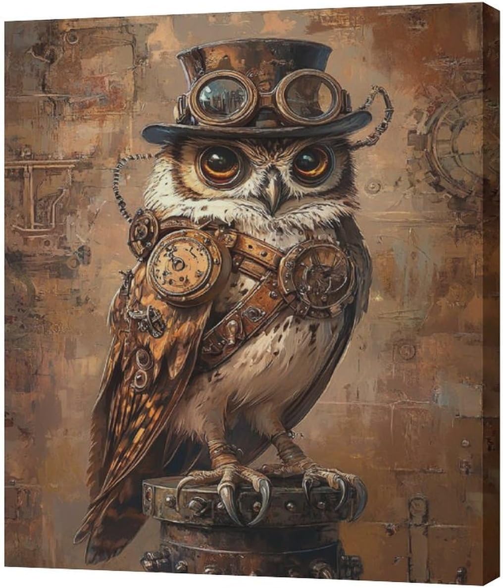 Olivine Steampunk Wall Art, Owl Pictures Wall Decor, Retro Steam Punk Bird Canvas Prints Painting, Framed Artwork for Living Room Bedroom Bathroom Office Home Decor 24"x20"