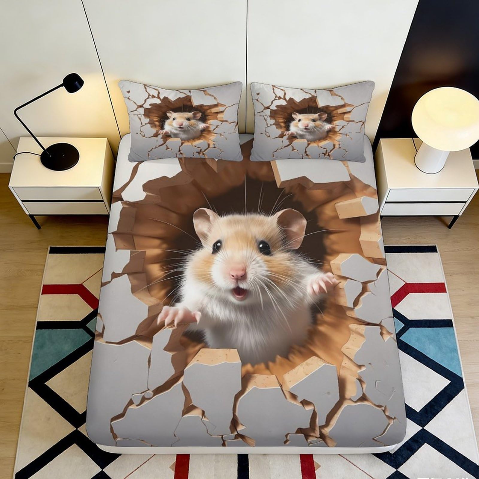3D Printed Hamster Breakthrough Fitted Sheet Microfiber Soft Grey Animal Bed Cover for Bedroom Dorm Mattress Decor 90x200x25cm