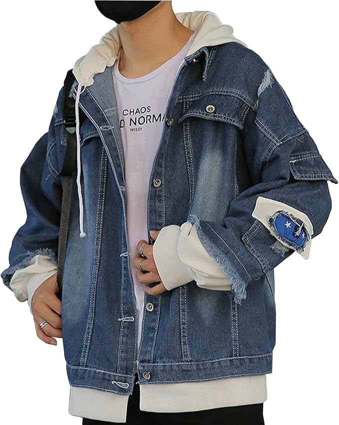 Amazon Yacoresya デニム ジャケット メンズ Gジャン フード付き アウター ジージャン パーカー ヒップホップ ストリート 原宿風 ダメージ加工 長袖 カジュアル オールシーズン ファッション 原宿系 秋冬服 コート ジャケット 通販