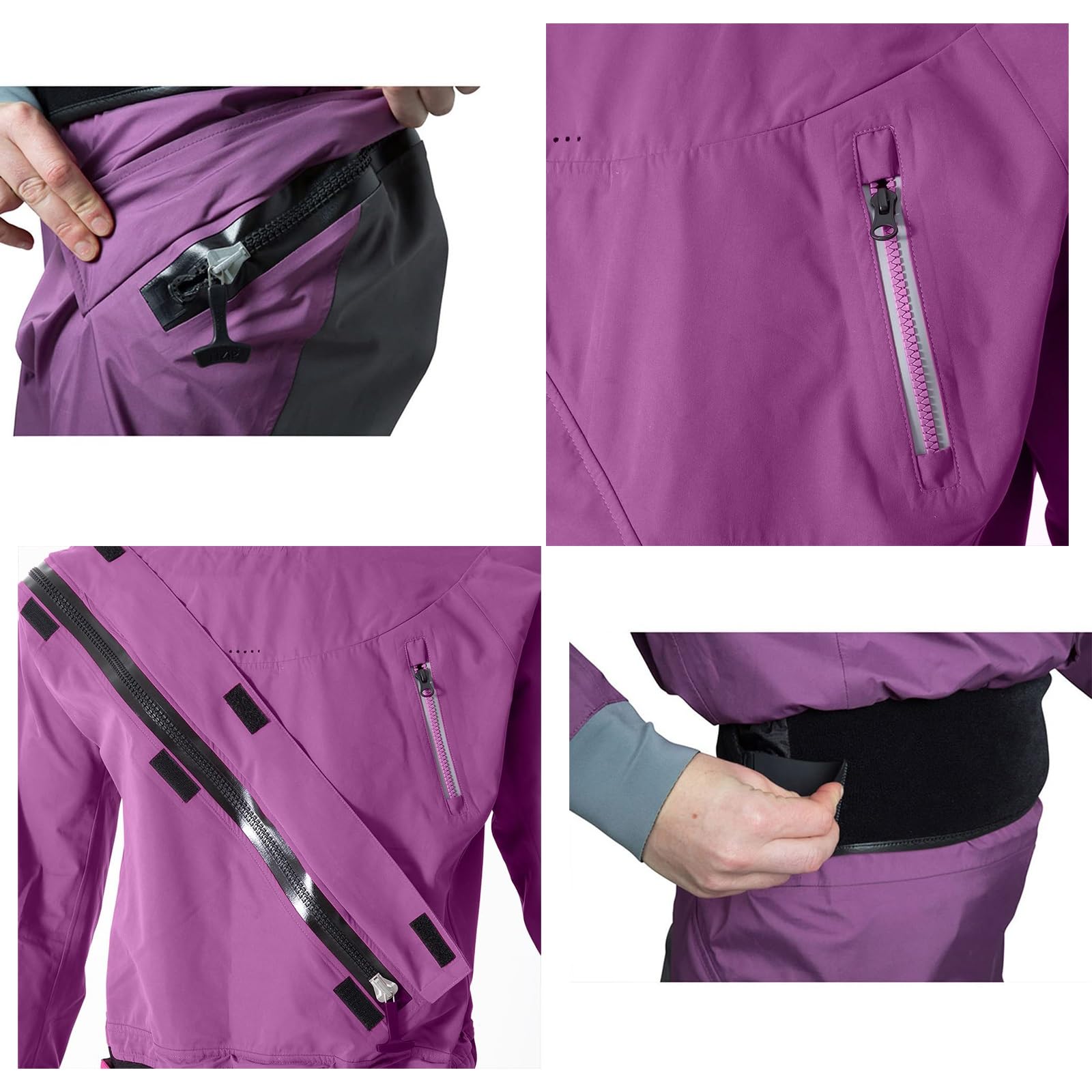 Trockenanzug for Damen, mit Latex-Dichtung, Paddel-Trockenanzug in kaltem Wasser, 4-lagiger, atmungsaktiver, wasserdichter Kajak-Trockenanzug aus Stoff mit Latex an Hals und Handgelenk(Purple,Medium)