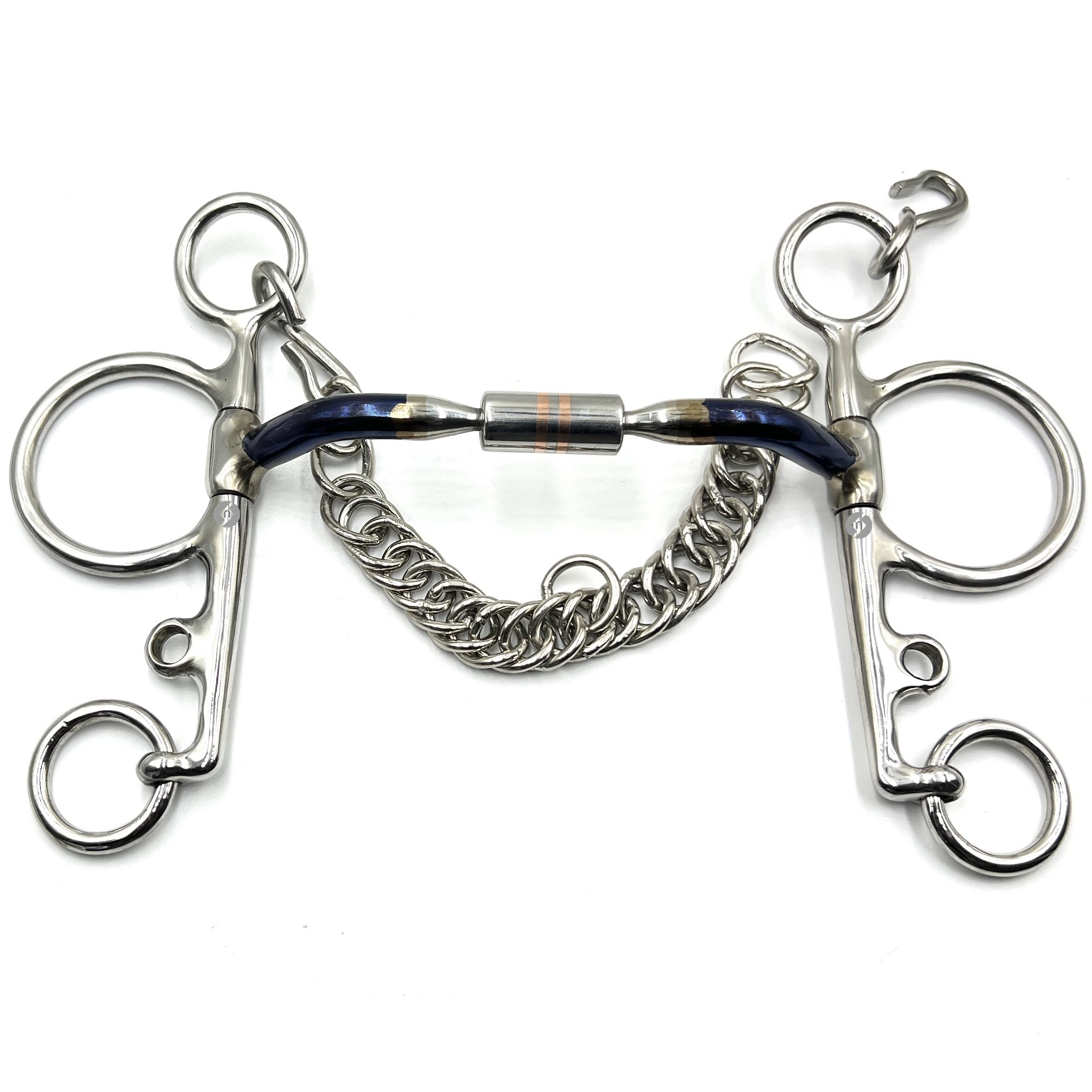 Copper Roller Ported Pelham Blue Sweet Iron Horse Bit Snaffle with Hook and Chain (5")