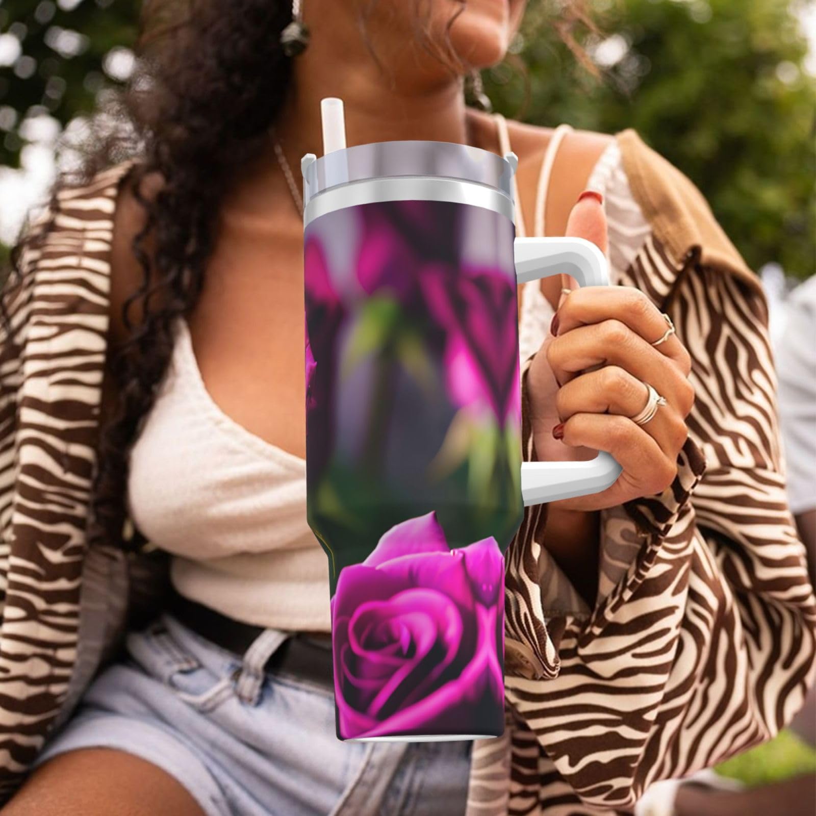 Purple Roses Ice Bully Wasserflasche aus Edelstahl, doppelwandig, isoliert, mit Griff und Strohhalm-Deckel, 1,2 l
