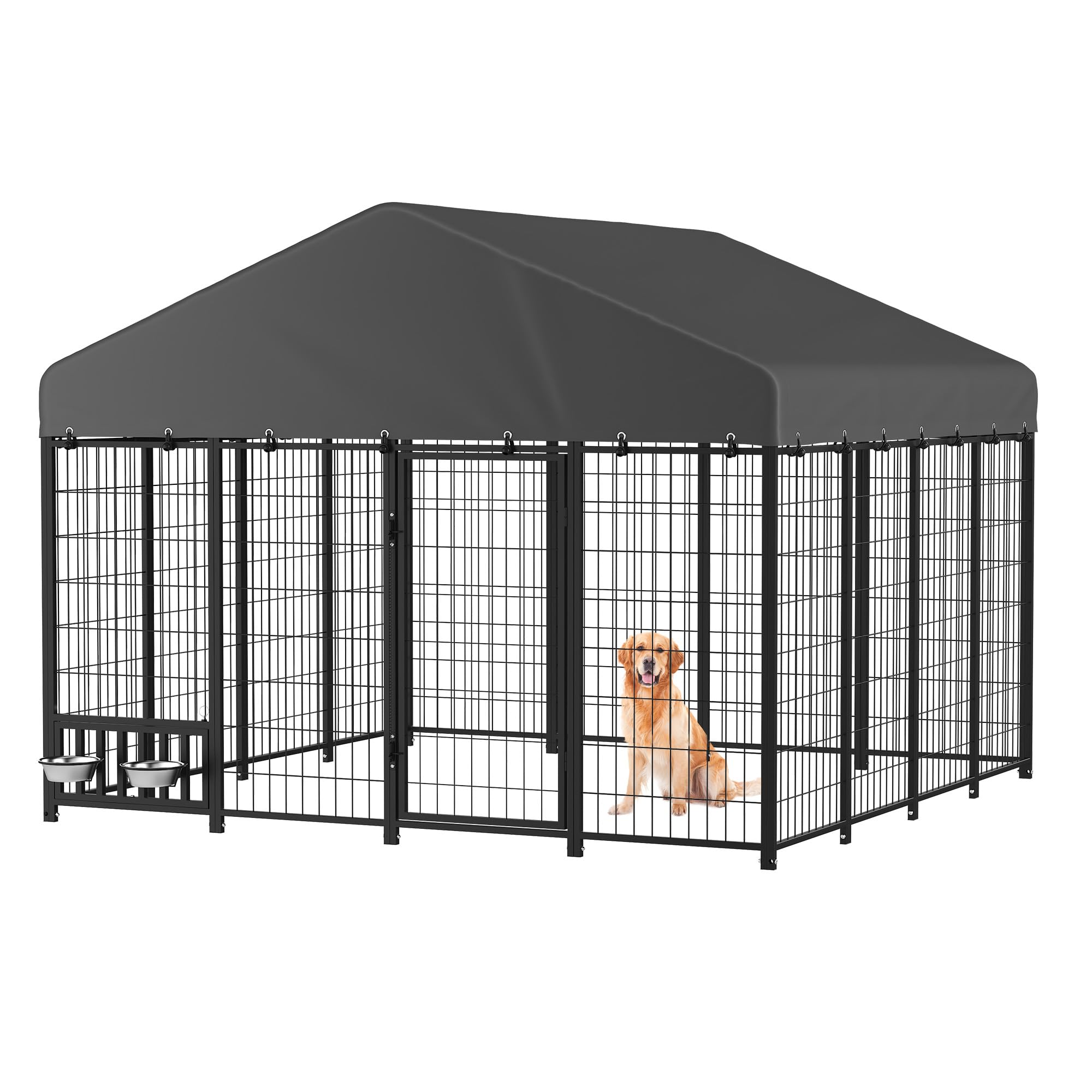 JFHID Heavy Duty Outdoor Dog Kennel for Yard, 8x8 Medium Steel Chain Link Fence with Roof, Dog Run Enclosure with Feeding Bowl & Self-Locking Latch