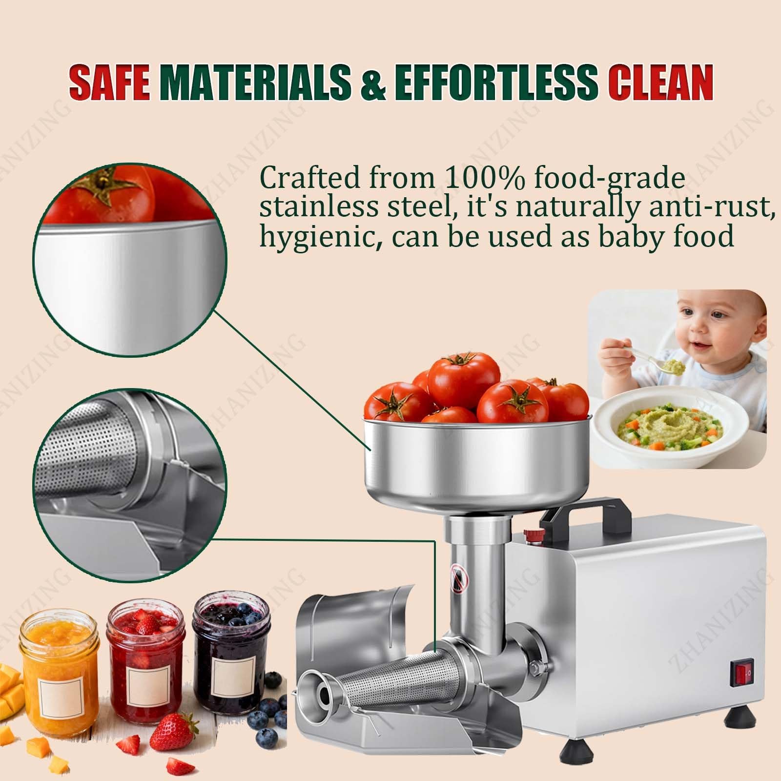 Colino elettrico per pomodori con separatore automatico della polpa, 450 W, capacità 150 kg/ora, ingranaggi interamente in metallo, separa semi e bucce per salse, marmellate, alimenti per bambini