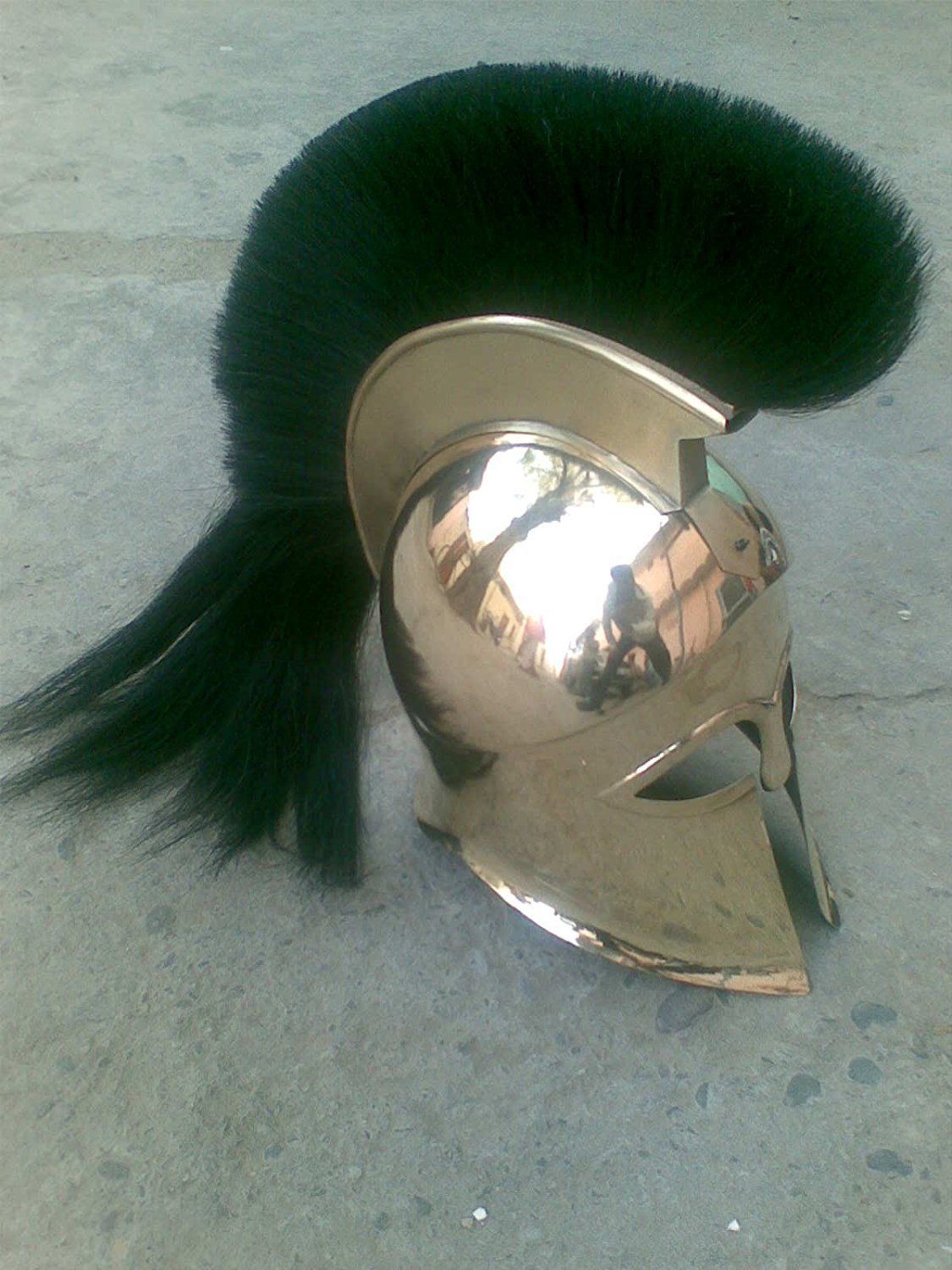 MEDIEVAL GREEK BRASS CORINTHIAN HELMET WITH BLACK PLUME