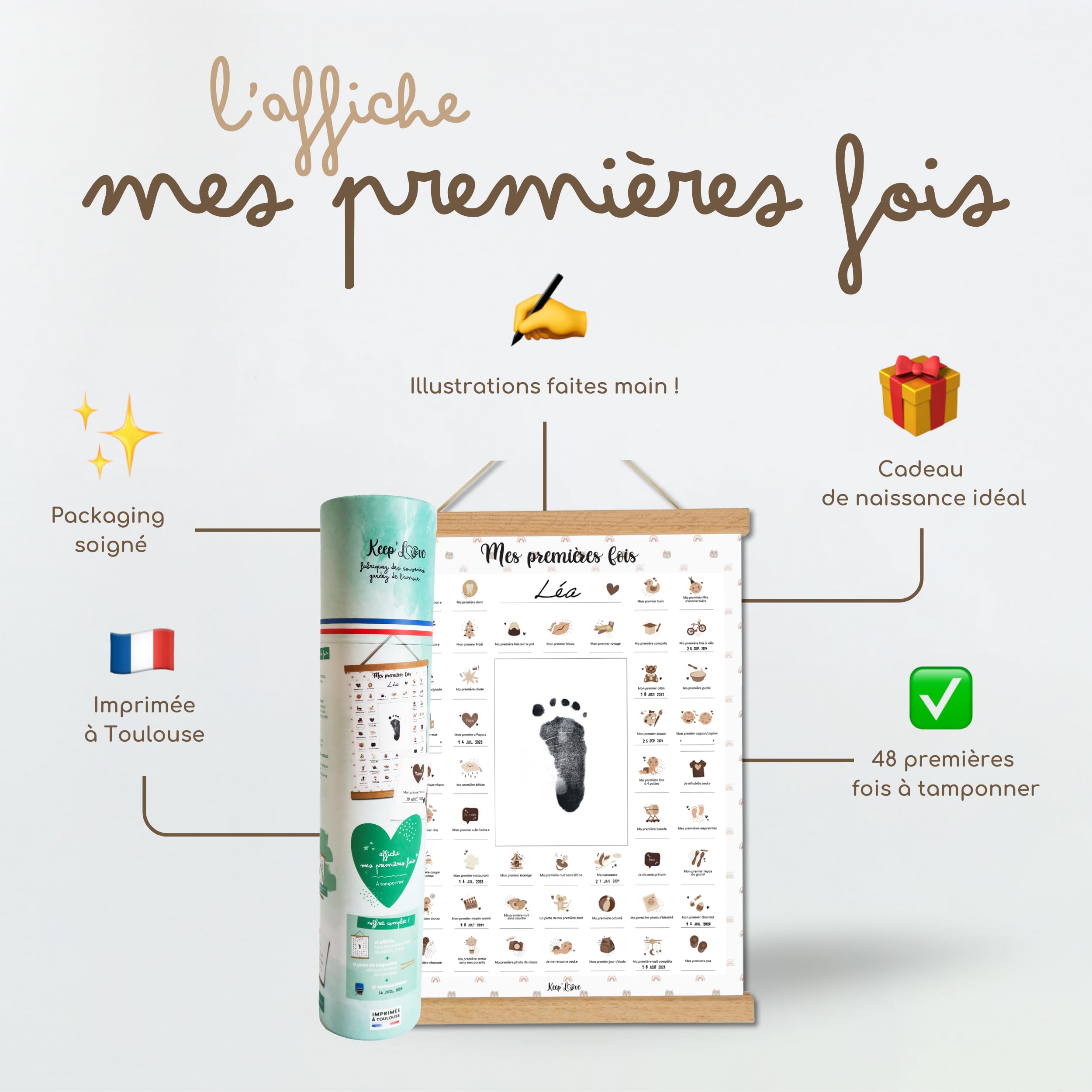 Keep'Love Affiche Mes Premières Fois à Tamponner, Cadeau de Naissance Bébé, Souvenir, Decoration Chambre, Baguettes Suspension Aimantées, Coffret Cadeau Jeune Maman, Grand Format A3 (Modèle OURSON)