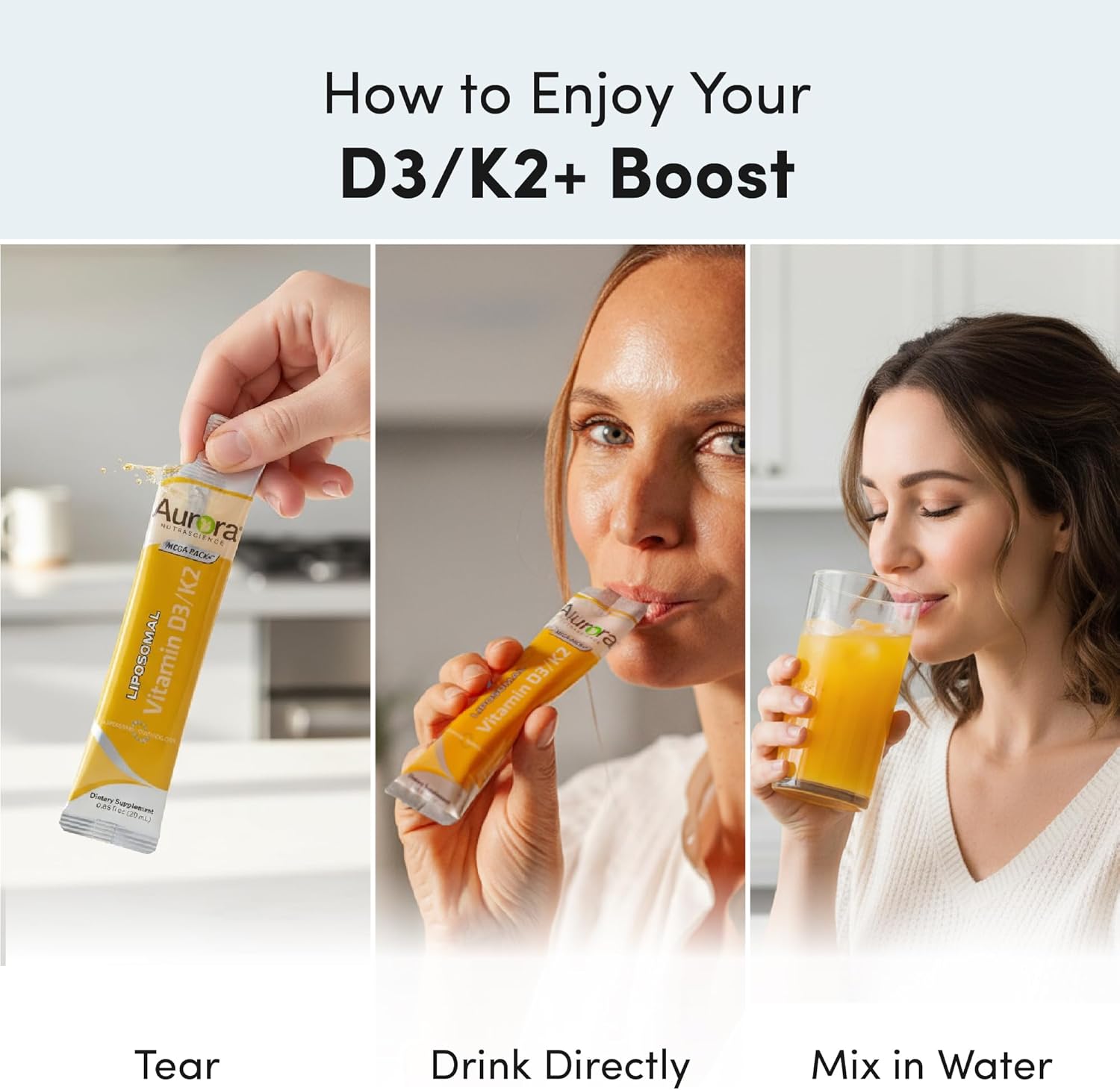 Aurora Nutrascience Liposomal D3 with K2 Mega-Pack - Liquid Vitamin D 3 K 2 Supplement for Adults, Healthy Immune and Bone Support, Vegan, MCT-Enhanced, Superior Absorption - 32 Single Serve Packets