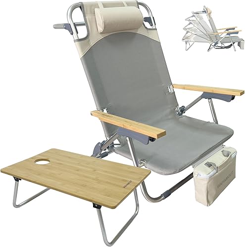 Miniatura 1 de Silla de playa plegable de aluminio de 5 posiciones con mesa de camping Samll, silla de salón plana de bambú para exteriores para adultos con bolsa