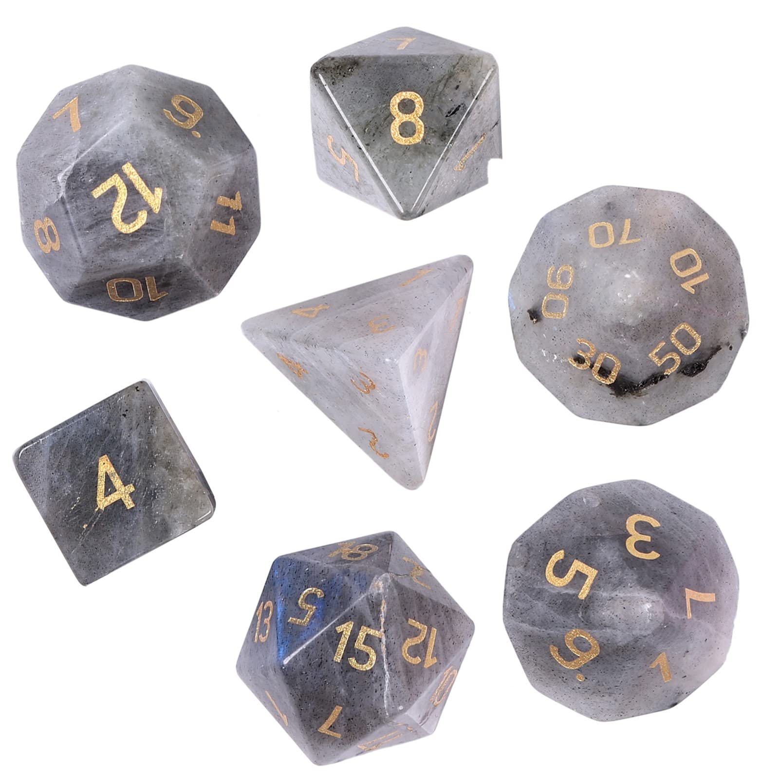 TUMBEELLUWA Engraved Crystal Stone Polyhedral Dice Set for RPG MTG Dungeons and Dragons Table Game 7 Pieces DND Board Game Dices with Pouch, Labradorite