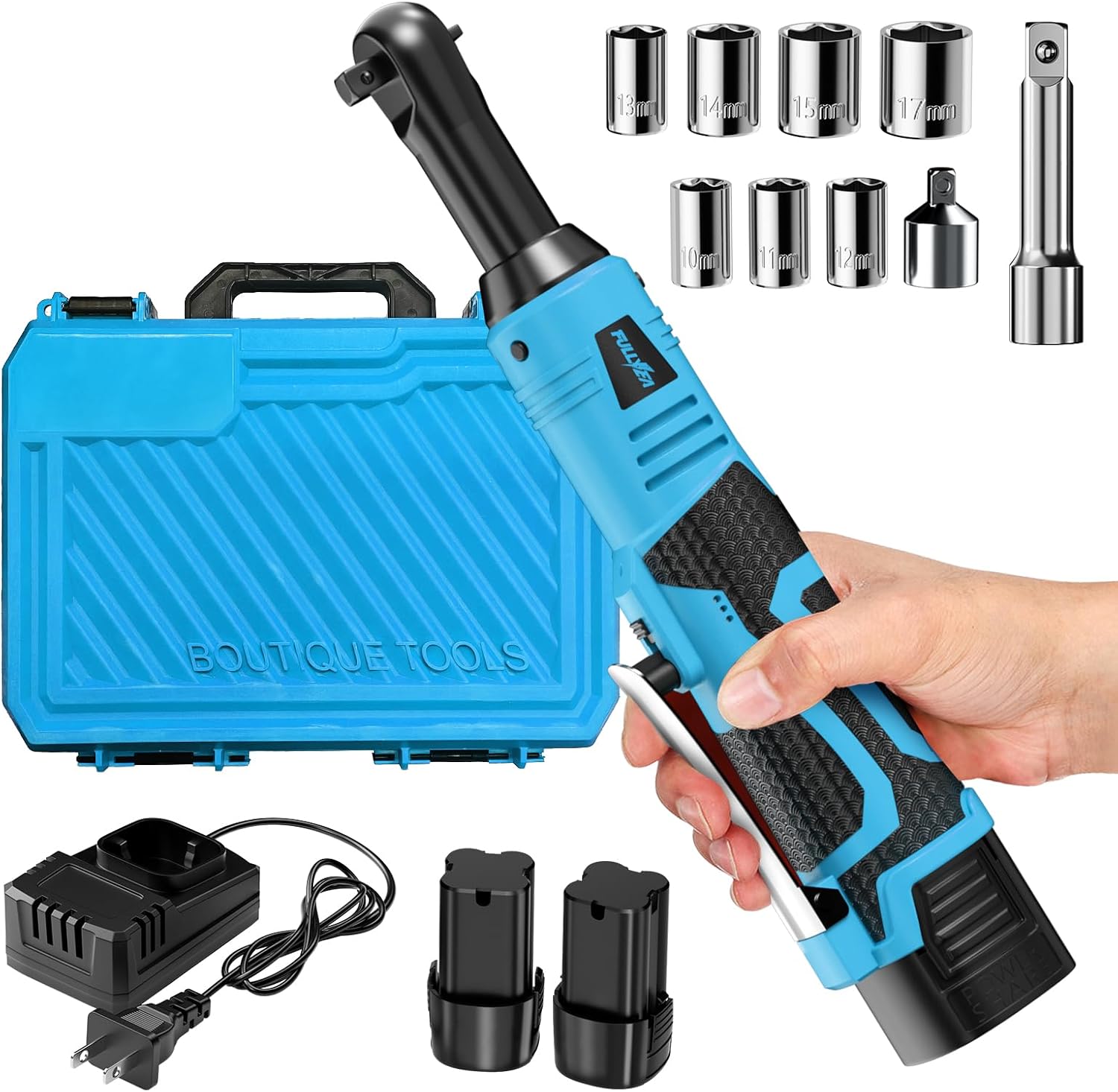 FULLYEA Cordless Electric Ratchet Wrench Set, 16.8V 3/8 cordless ratchet, 550 RPM, Variable Speed Power Ratchet Tool Kit with 2 * 2.0Ah Li-ion Battery, 1/4" Adapter & 3" Extension Bar(Blue)