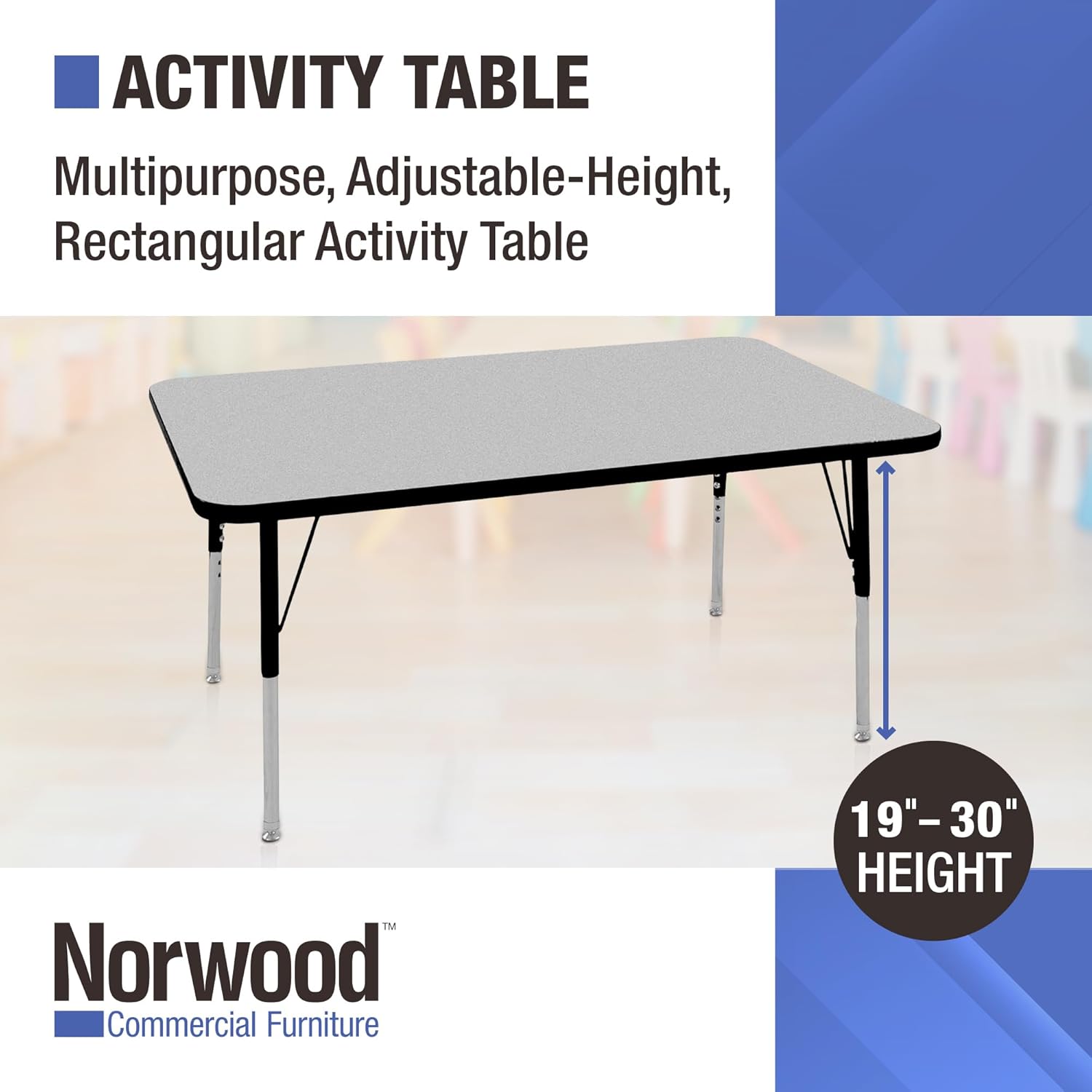 Norwood Commercial Furniture 36-Inch Adjustable Height Classroom Activity Table for Kids & Adults, Rectangular Activity Table for School and Home, Blue