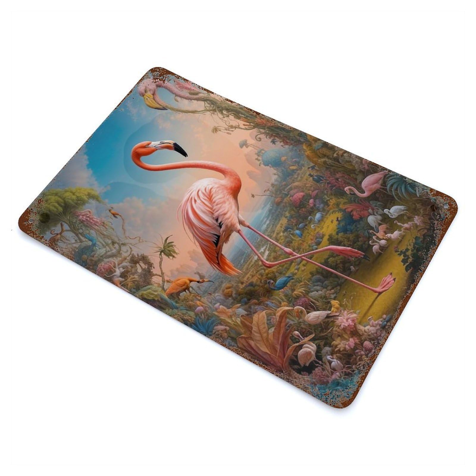 Fantastical Pink Flamingo Rust Effect Tin Sign 11.8"x7.9", for Farmhouse, Kitchen And Entryway Decor, Decorative Metal Wall Art
