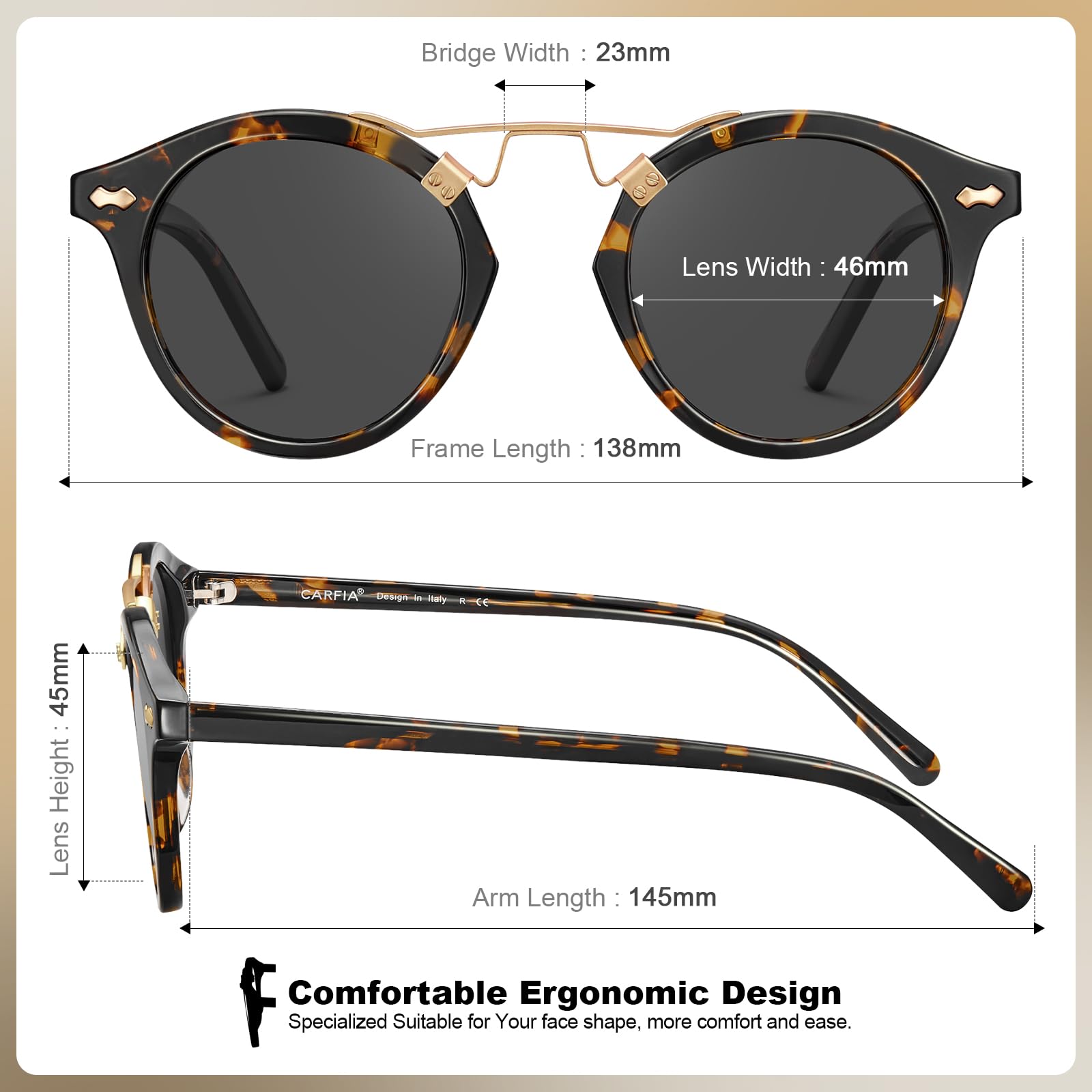 CARFIA Eleganckie damskie okulary przeciwsłoneczne Okulary polaryzacyjne UV400 dla małych i wąskich twarzy
