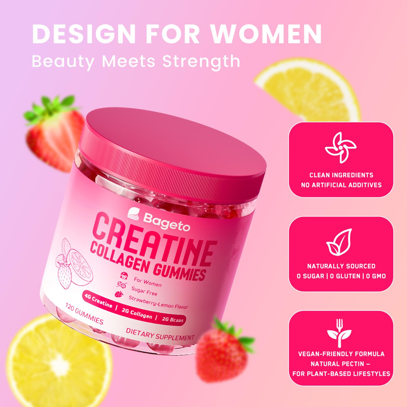 Creatine for Women + Collagen + BCAAs + Vitamin C & B12, 120 Sugar Free Creatine Gummies for Women, Creatine Monohydrate Gummies Pre Workout for Booty, Energy & Strength, Strawberry-Lemon Flavor — Amazon image 8