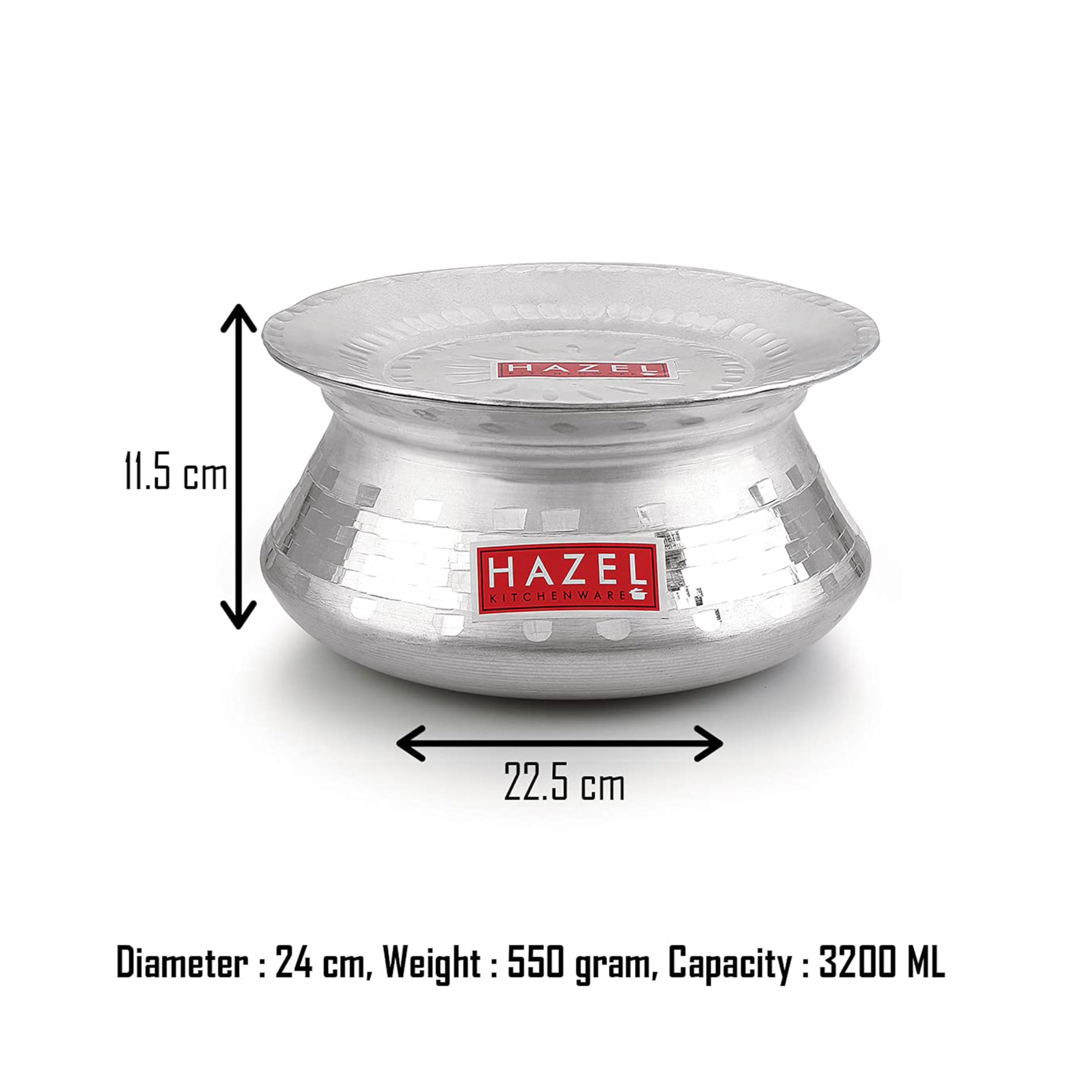 HAZEL Aluminium Handi with Lid | 3200ml, 24cm Cooking Pot for Biryani, Curry & Rice | Durable Traditional Hammered Patila Tope Vessel 2