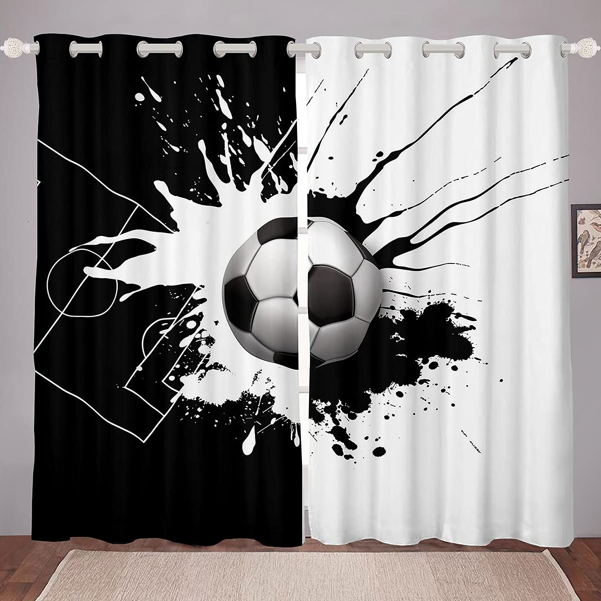 Loussiesd Fußball Fenstervorhang 245x140cm Fußball Vorhänge für Kinder Jungen Mädchen Jugendliche Dekor Sport Thema Blickdichte Vorhänge Amerika Fußball Spiele Schwarzweiß