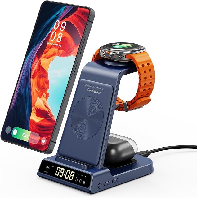 Chargeur sans fil pour Samsung, 3 en 1 Station de recharge sans fil pour Samsung Galaxy S26 Ultra/S26+/S26)/S25-S21/Note 20/Z Flip 7/Fold 7, Chargeur pour Samsung Galaxy Watch Ultra/8/7/6, Les copains de Galaxy 4 Pro/3