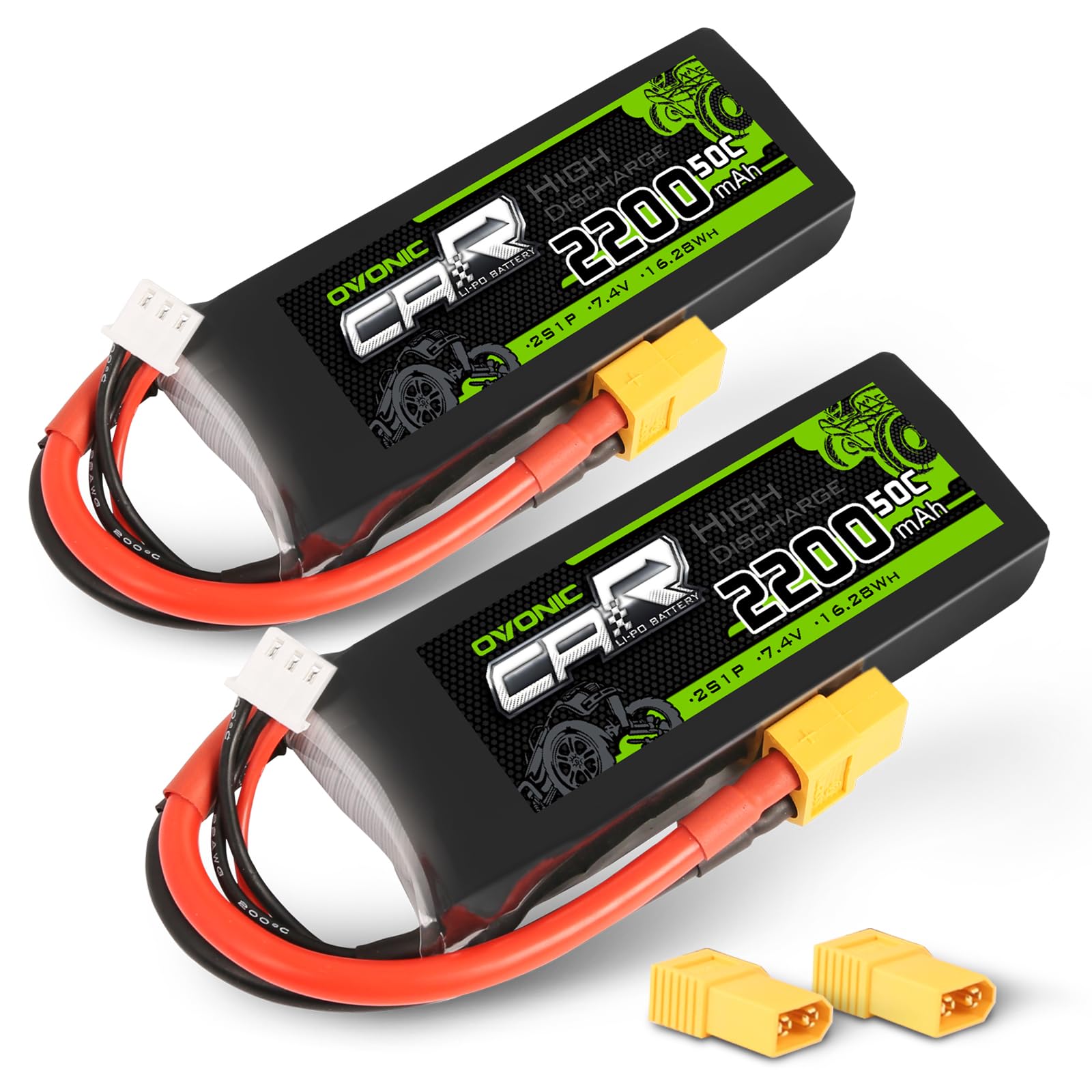 OVONIC 2S - Batería de polímero de litio (7,4 V, 2200 mAh, 50 C, con conector XT60, compatible con RC 1/16 o 1/14 RC avión, coche, barco, cuadricóptero, 2 unidades)