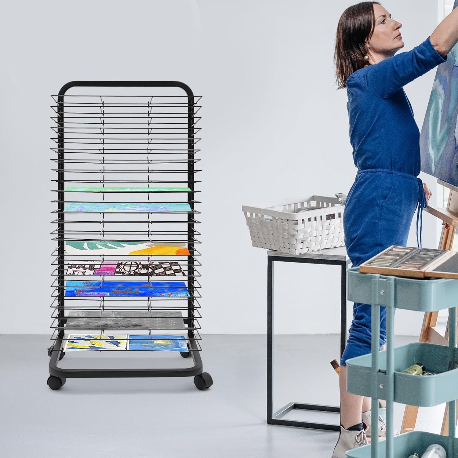 Wire Art Drying Rack, 25 Layers Stackable Metal Stainless Steel Art Rack Power Coated with Pulleys, Flexible Shelves Mobile Cart for Painting Craft Artwork Canvas Storage