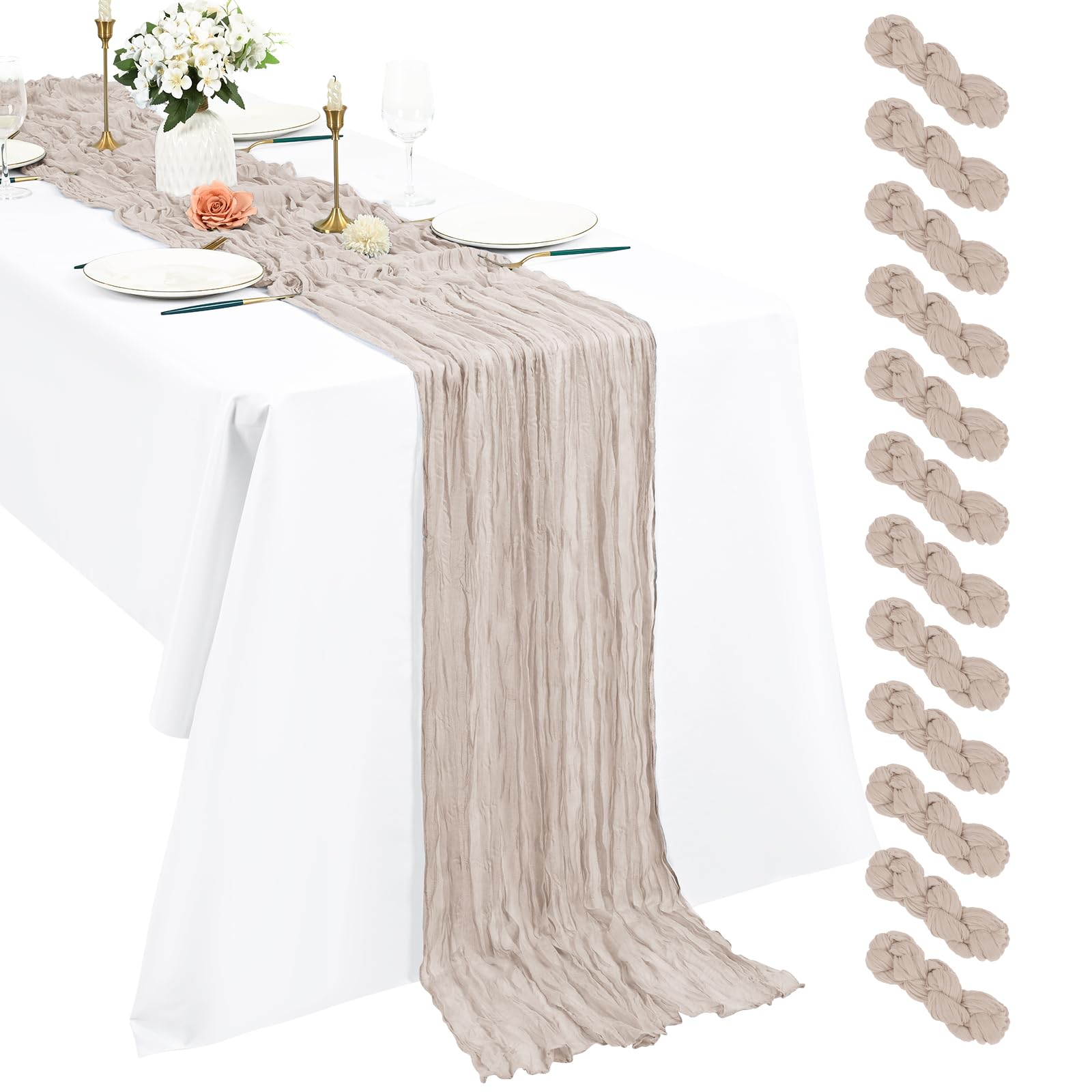 12 Pack Brown Grey Cheesecloth Table Runner, 10Ft Boho Gauze 21×120 Inch Rustic Romantic Long for Wedding Party Bridal Shower Thanksgiving Christmas Decoration